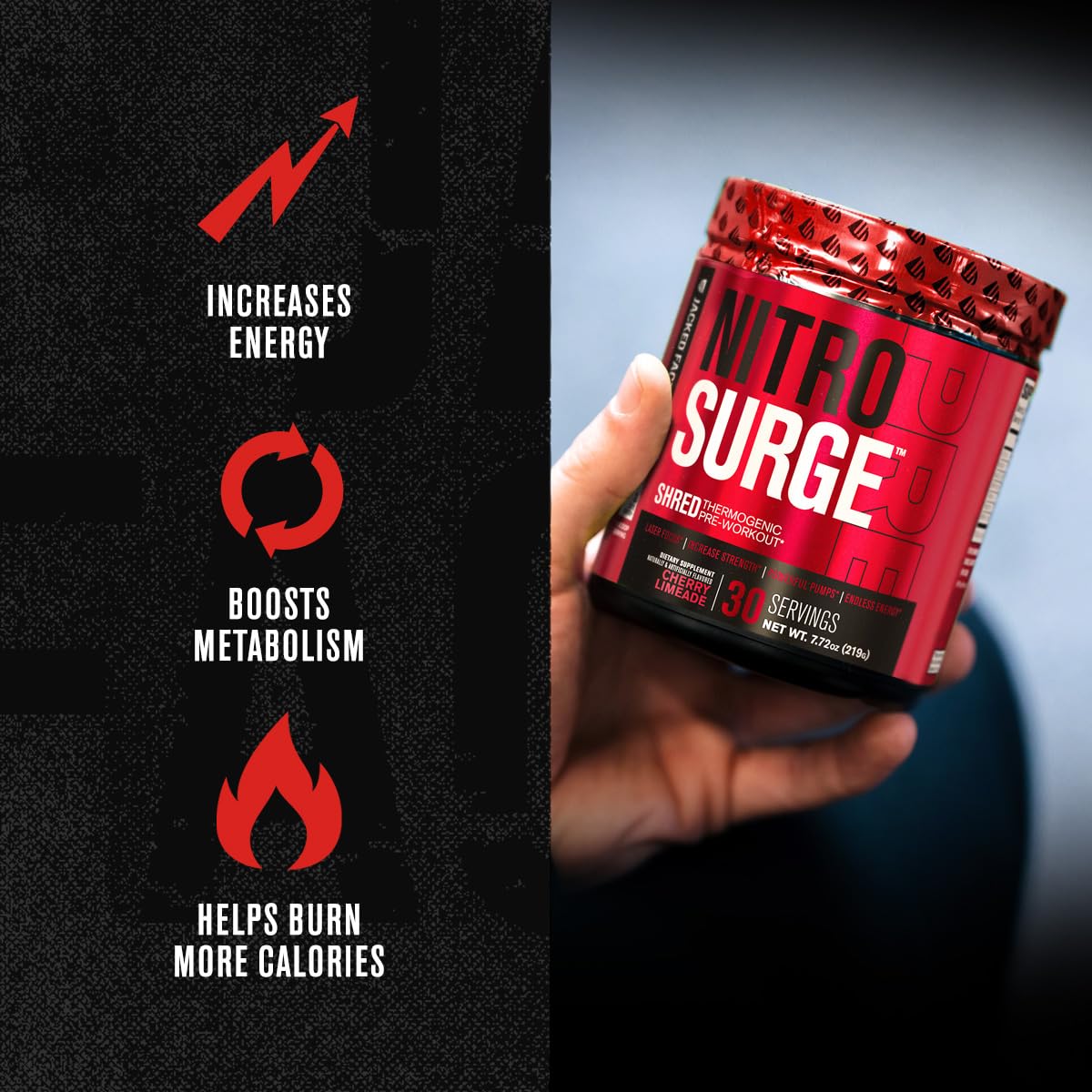 NITROSURGE Shred Thermogenic Pre Workout Powder - Energy & Focus Boost, Beta-Alanine, Strength Gains, Powerful Pumps - Nitric Oxide Booster & PreWorkout Powder for Women & Men - 30Sv, Watermelon