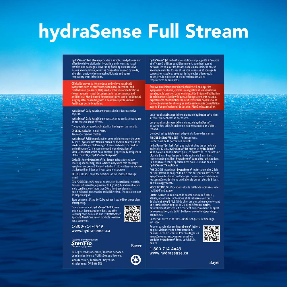 HydraSense Full Stream Nasal Spray, Daily Nasal Care, 100% Natural Source Seawater, Preservative-Free, 100 mL