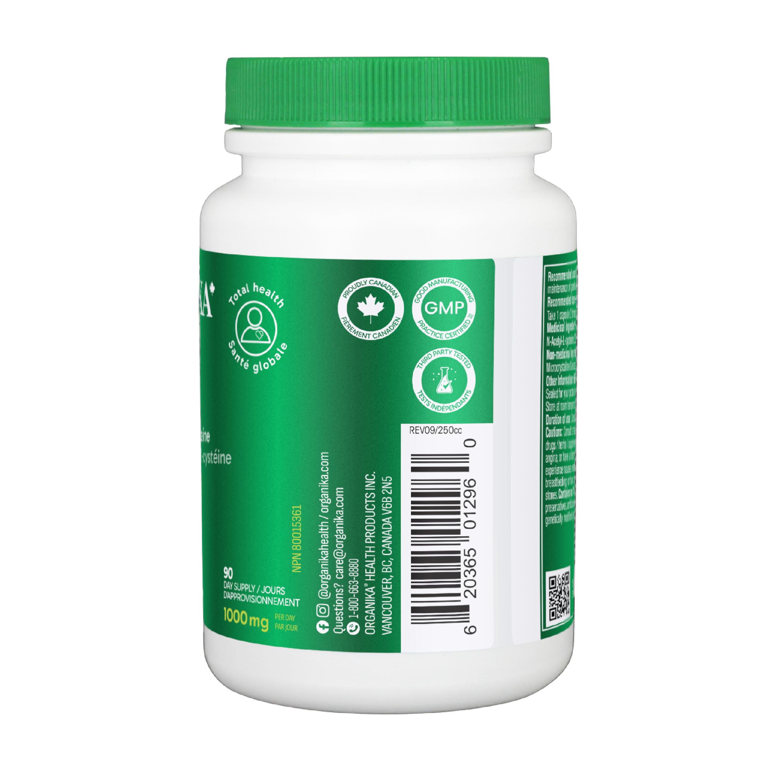 Organika Canadian-Made NAC (N-Acetyl-L-Cysteine) 500mg- Supports Antioxidant Glutathione Levels, Immune System Support, Liver and Detox Support- 180caps