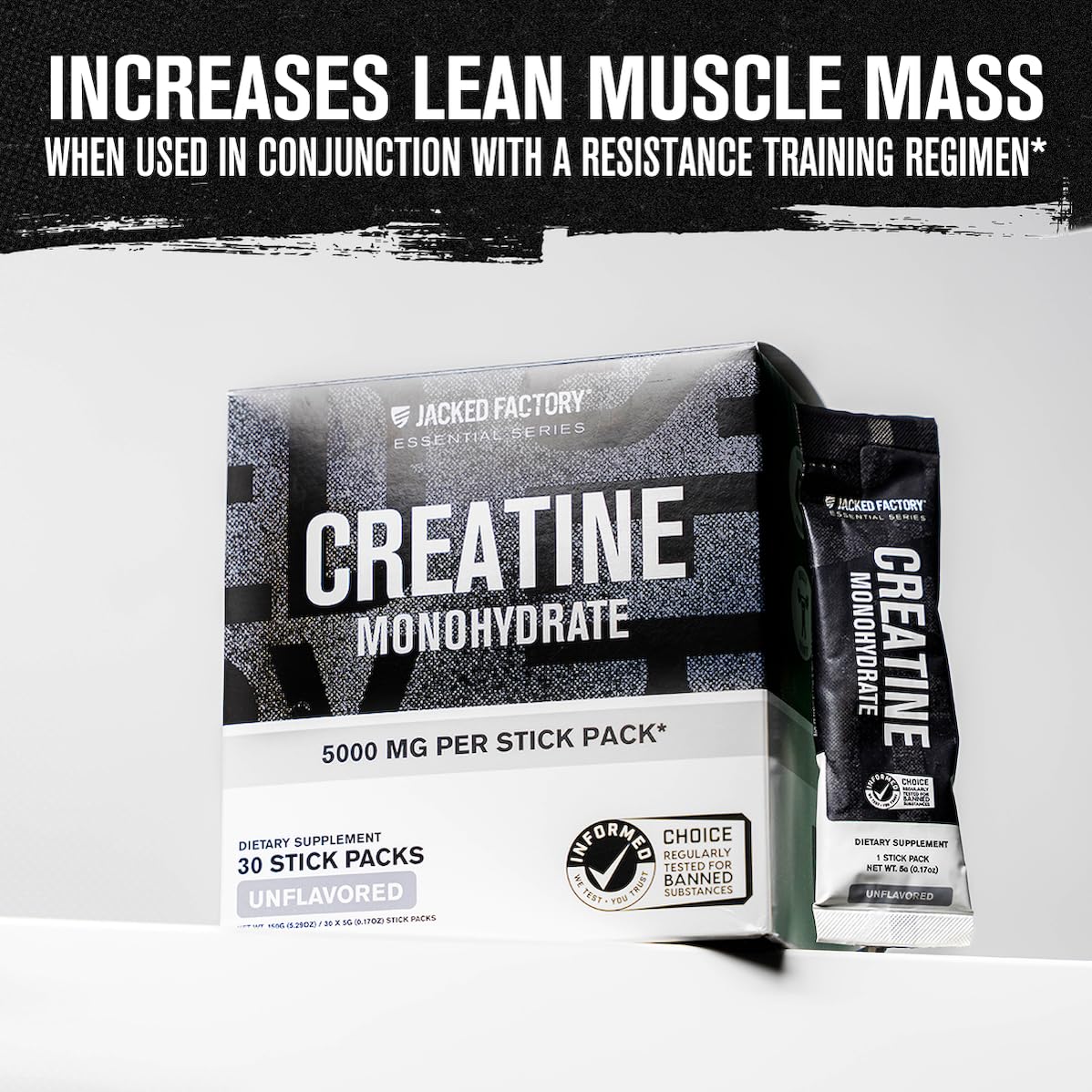 Jacked Factory Creatine Stick Packs - Creatine Monohydrate Powder 5000mg Per Stick - Creatine Supplement for Muscle Growth, Increased Strength, and Improved Athletic Performance - 30 Pack, Unflavoured