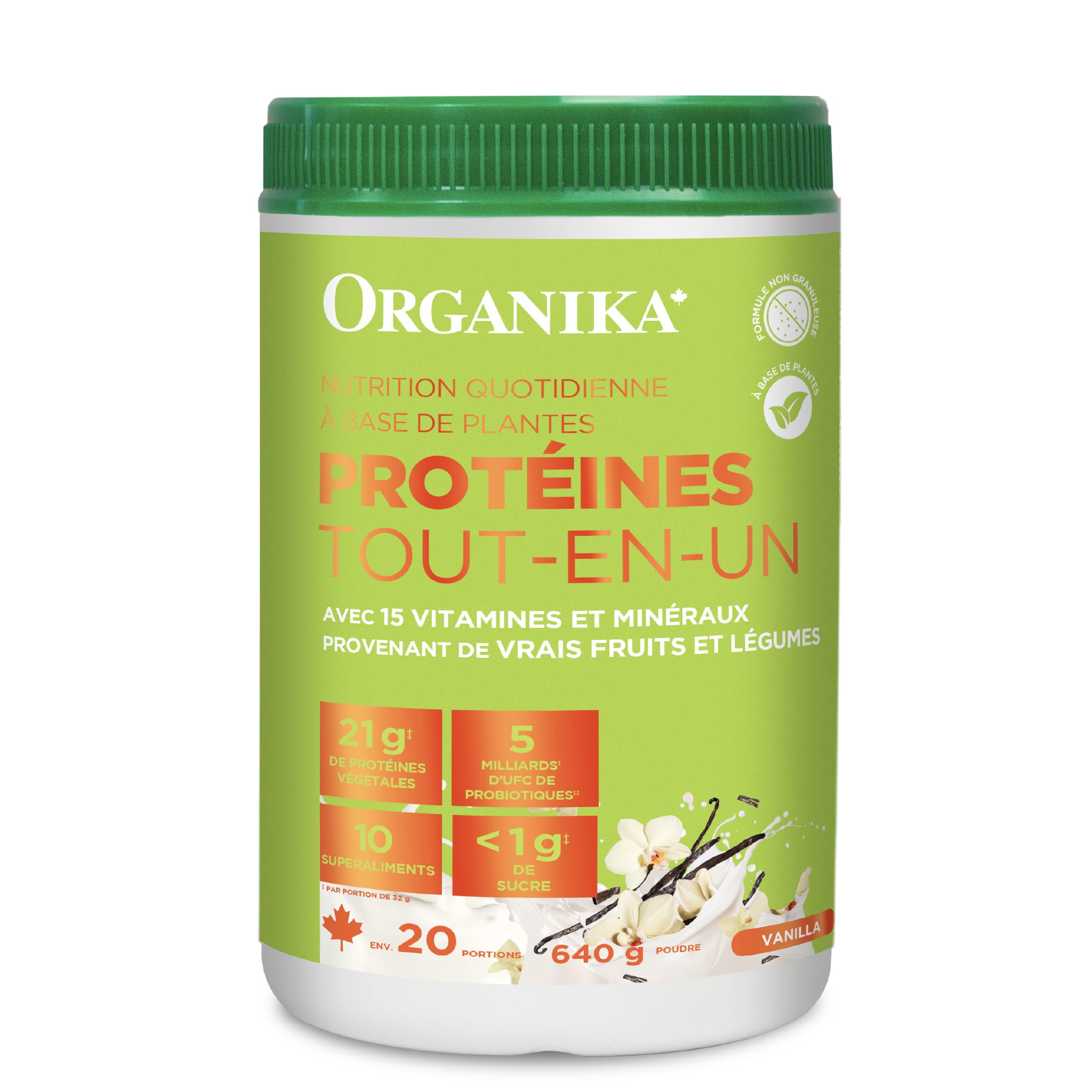 Organika All-in-One Plant Protein Powder – Vanilla – 22g Protein, 15 Vitamins & Minerals, 5 Billion CFU Probiotics, 1g Prebiotic Fibre, 0g Sugar – Complete Nutrient Source, Easy to Digest – 640g