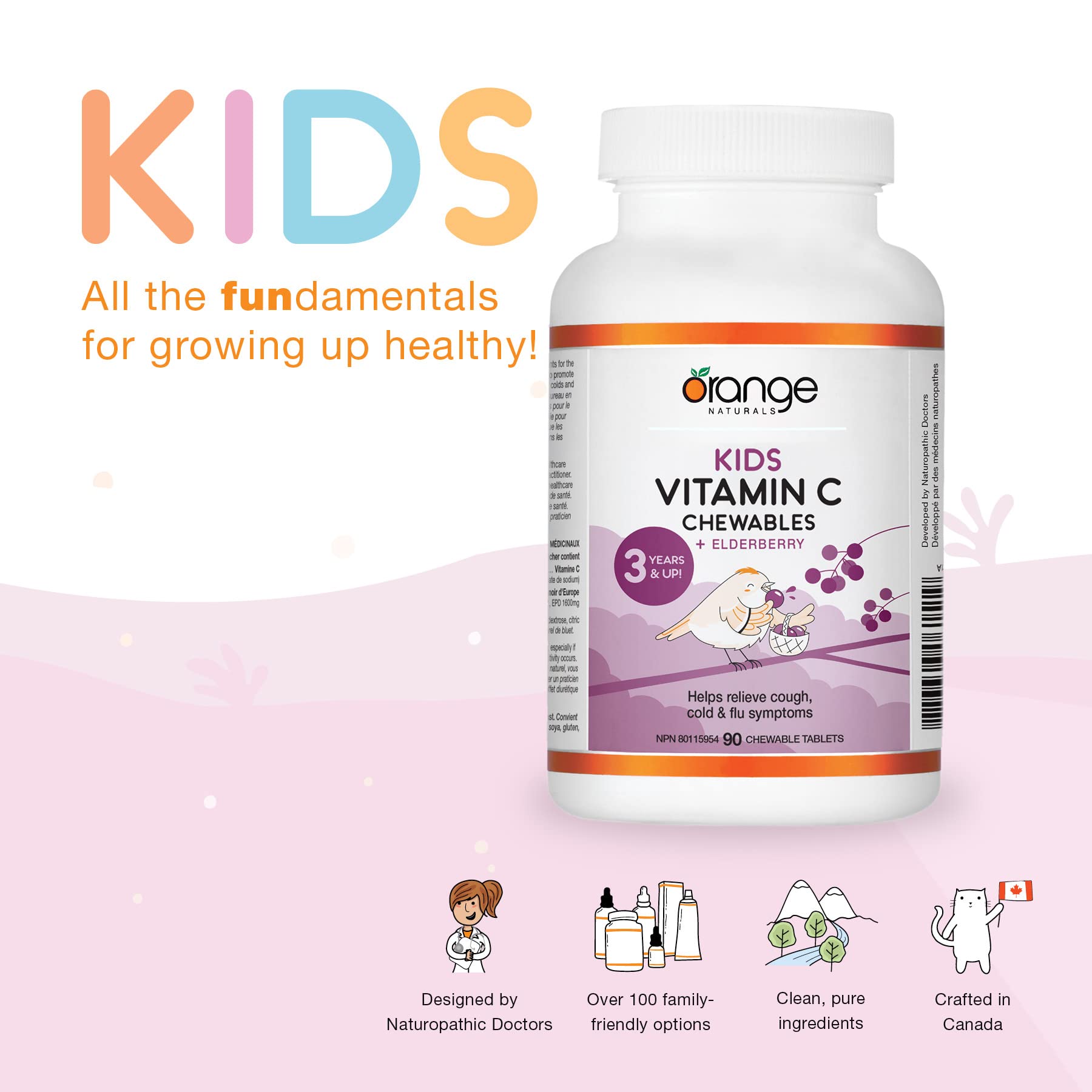 Orange Naturals Kids Vitamin C + Elderberry, Vegan 90 Chewable Tablets, 90-Day Supply, Tasty Berry Flavor, Supports Overall Wellness and Provides Antioxidant Protection - Children Ages 3+