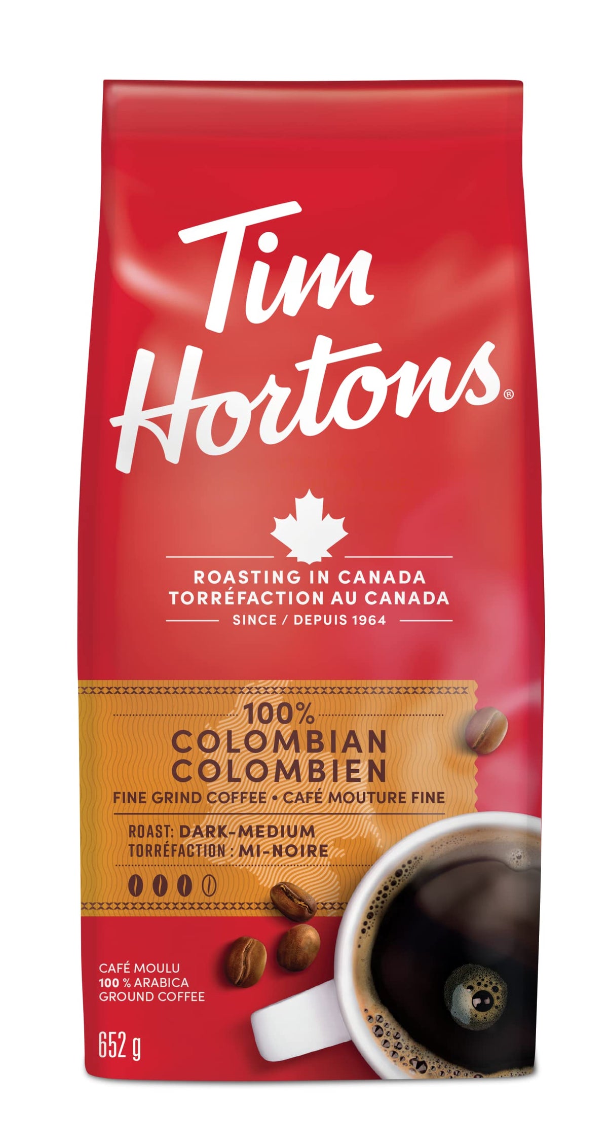 Tim Hortons 100% Colombian, Fine Grind Coffee, Medium Roast, Made with 100% Arabica Beans, 652g Bag