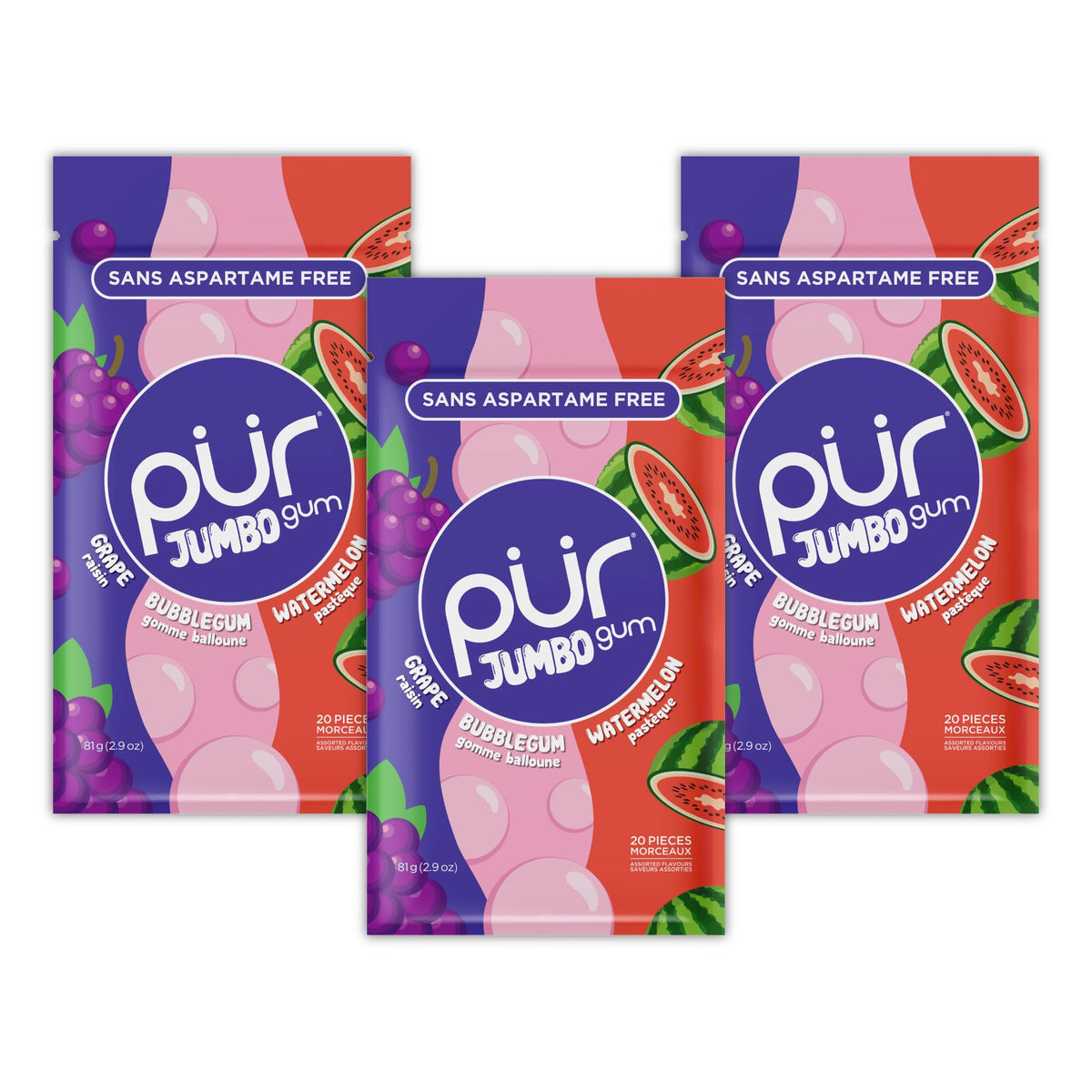 PUR Jumbo Gum | Aspartame Free Chewing Gum | 100% Xylitol | Natural Bubblegum, Grape, Watermelon Flavour, 20 Pieces (Pack of 3)