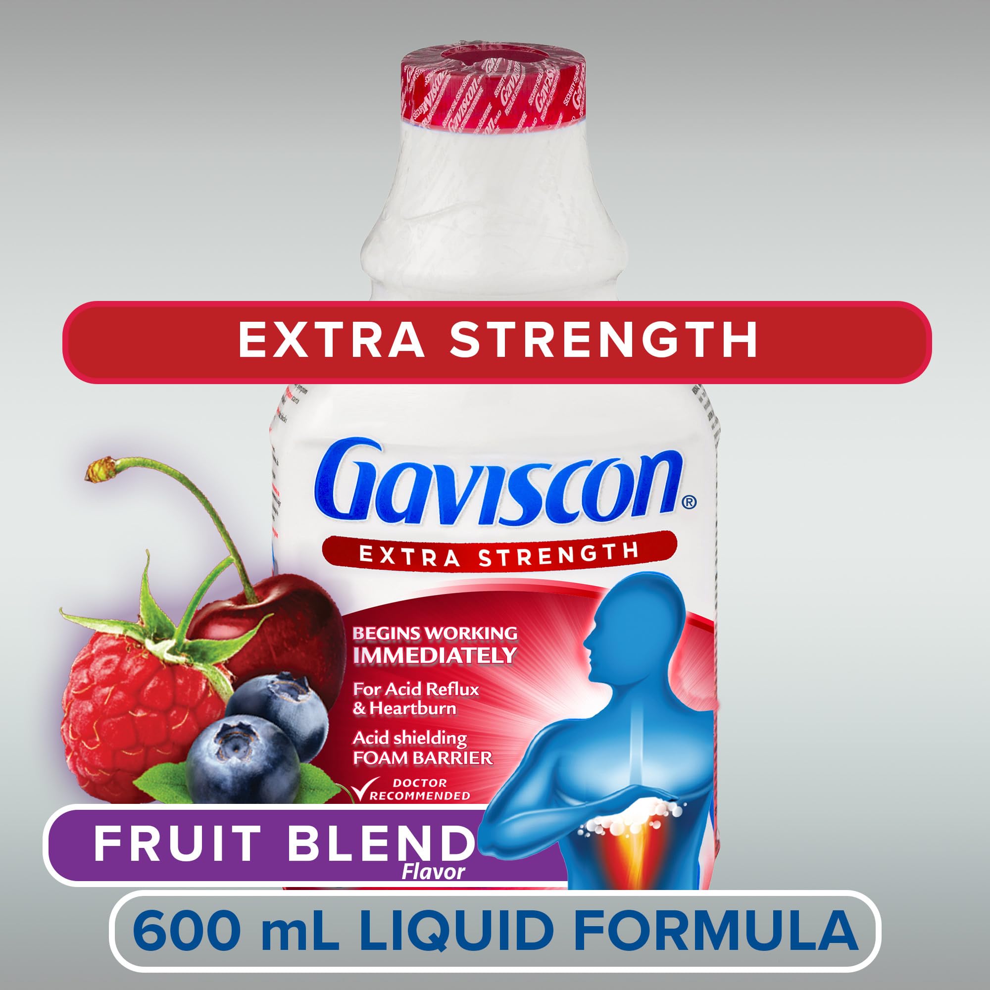 Gaviscon Liquid Extra Strength Antacid - 600 ml - Antacid Liquid for Day and Night Heartburn Relief, Acid Reflux and GERD Relief, Fruit Blend - Free of Aluminum, Lactose and Gluten