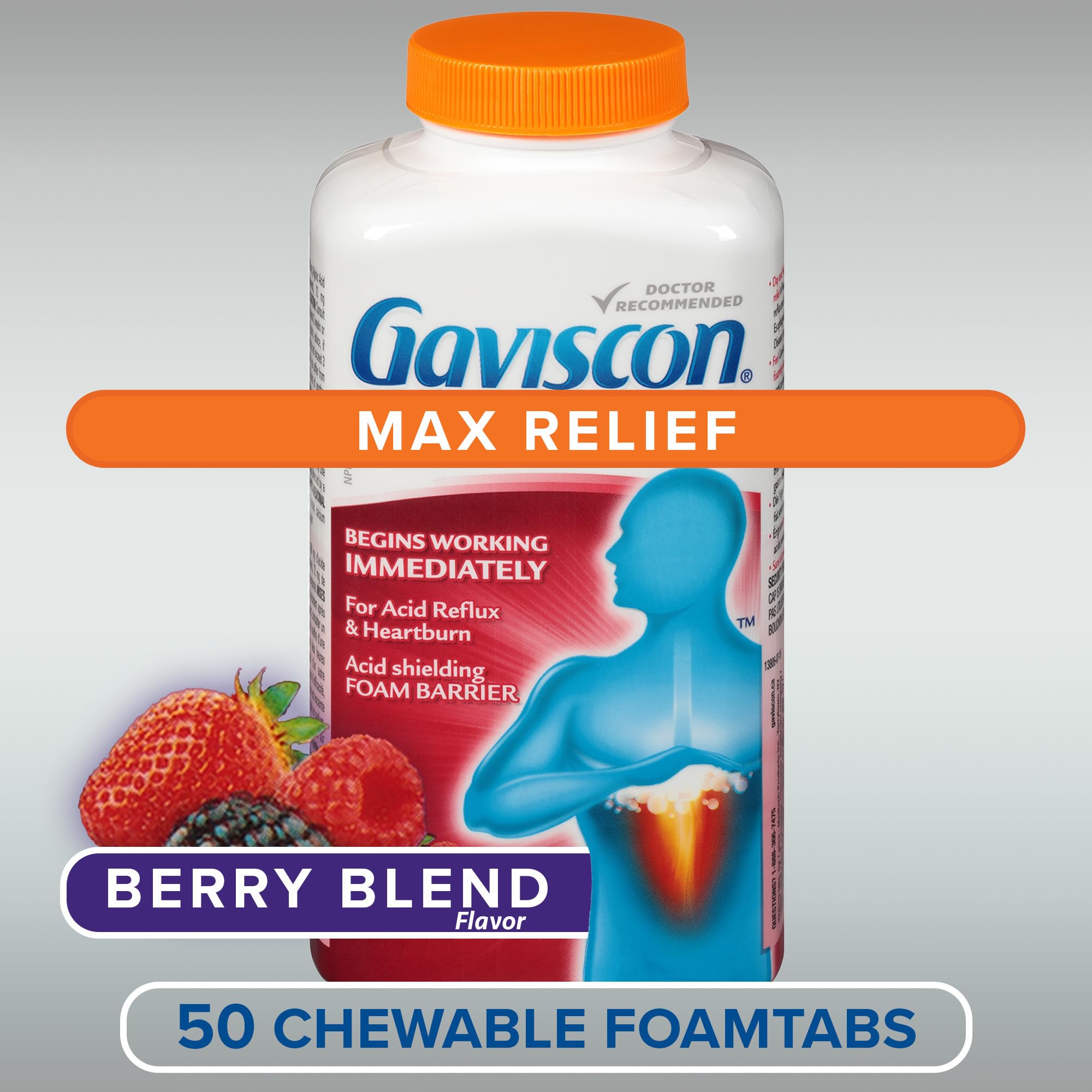 Gaviscon Max Relief Tablets - 50 Count - Chewable Foaming Antacid Tablets for Day and Night Heartburn Relief, Acid Reflux and GERD Relief, Berry Blend - Free of Aluminum, Lactose and Gluten