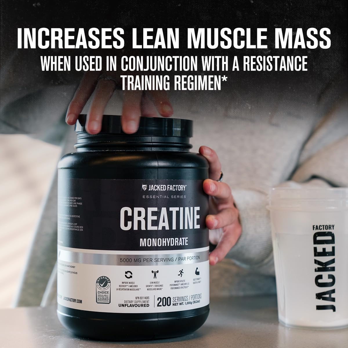 Jacked Factory Creatine Monohydrate Powder 1000g - Canadian-Owned Informed Choice Certified Supplement for Increased Muscle Mass*, Improved Strength, Power, & Performance** - 200 Servings, Unflavored