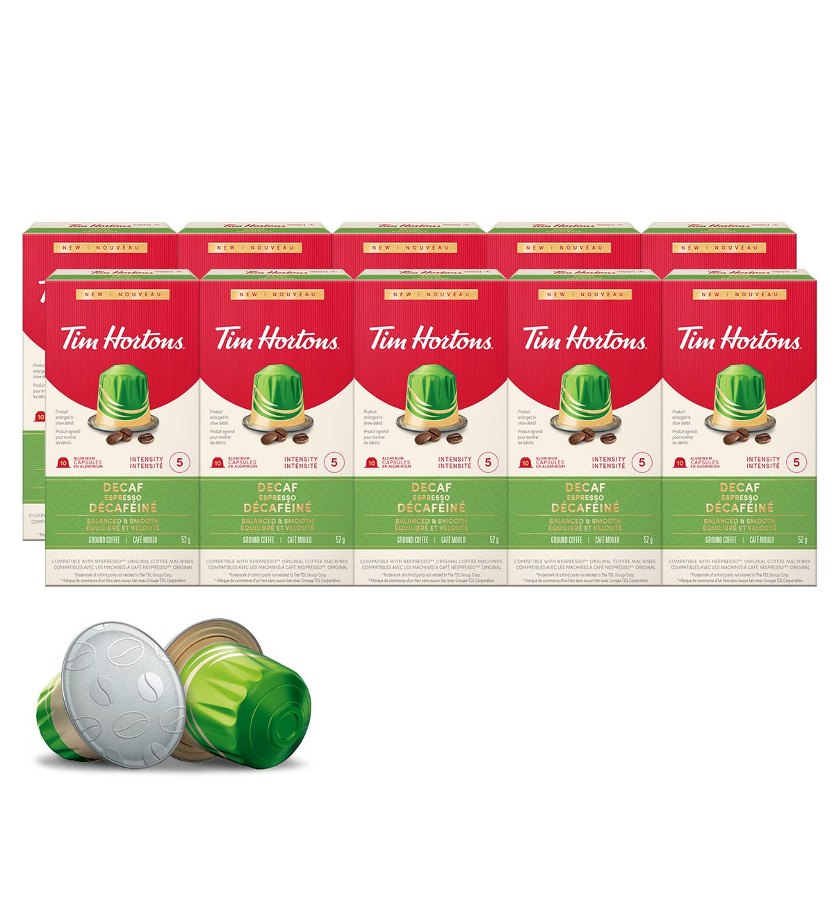 Tim Hortons Decaf Espresso Capsules, Nespresso Original Line Compatible Capsules, 100 Count