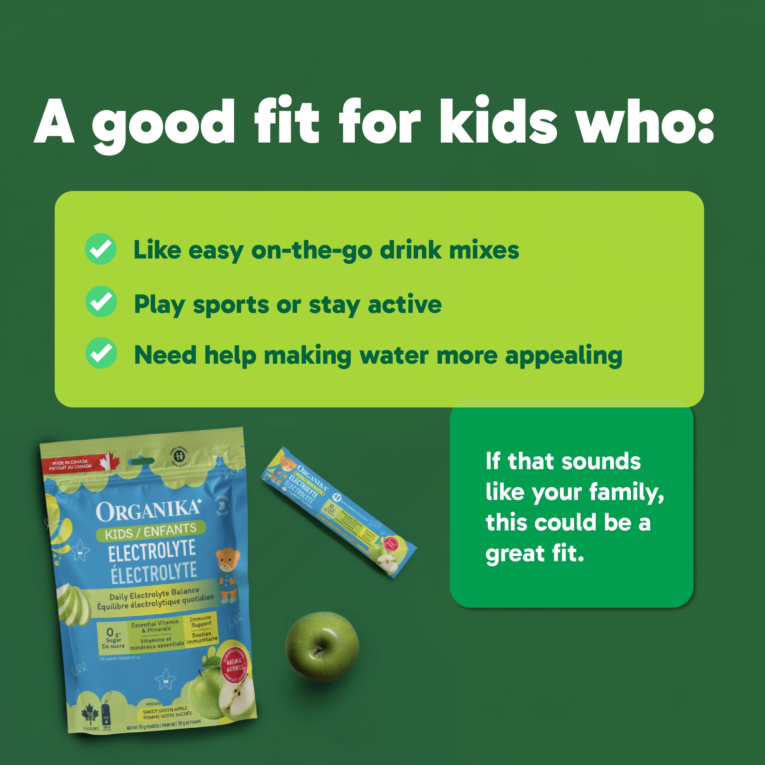 Organika Kids Electrolytes Powder Sticks - Sugar-Free Hydration + Immune support with 100% of daily Vitamin C, Minerals and Prebiotic Fibre | Green Apple Flavour - 3.5g x 20 sachets