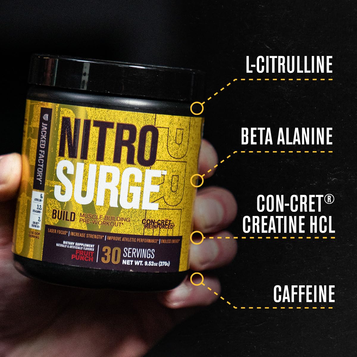 Nitrosurge Build Pre Workout - PreWorkout Powder w/Con-Cret Creatine HCL, Beta Alanine, & L-Citrulline for Increased Energy, Focus, & Muscle Growth - 30 Servings, Blue Raspberry
