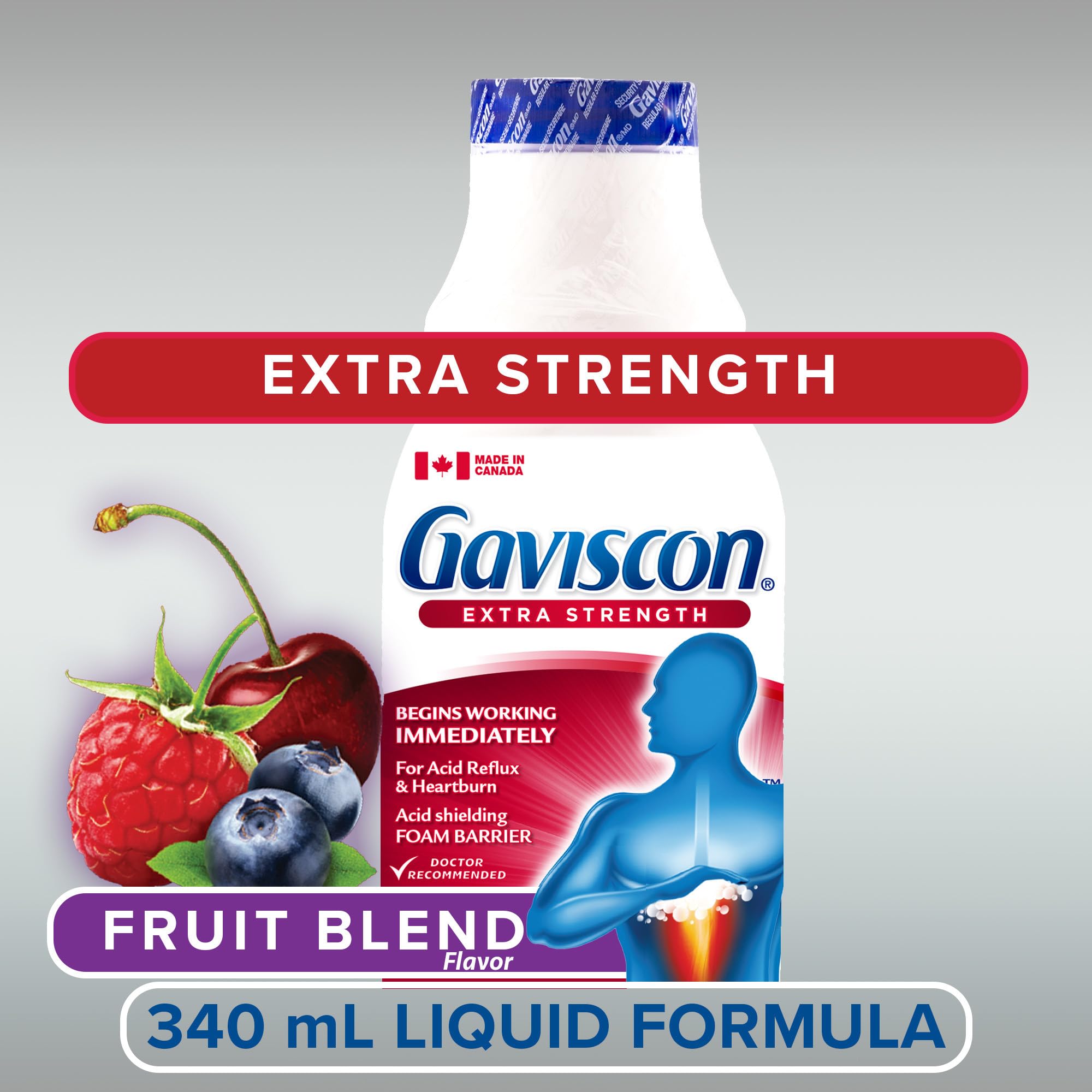 Gaviscon Liquid Extra Strength Antacid - 340 ml - Antacid Liquid for Day and Night Heartburn Relief, Acid Reflux and GERD Relief, Fruit Blend - Free of Aluminum, Lactose and Gluten