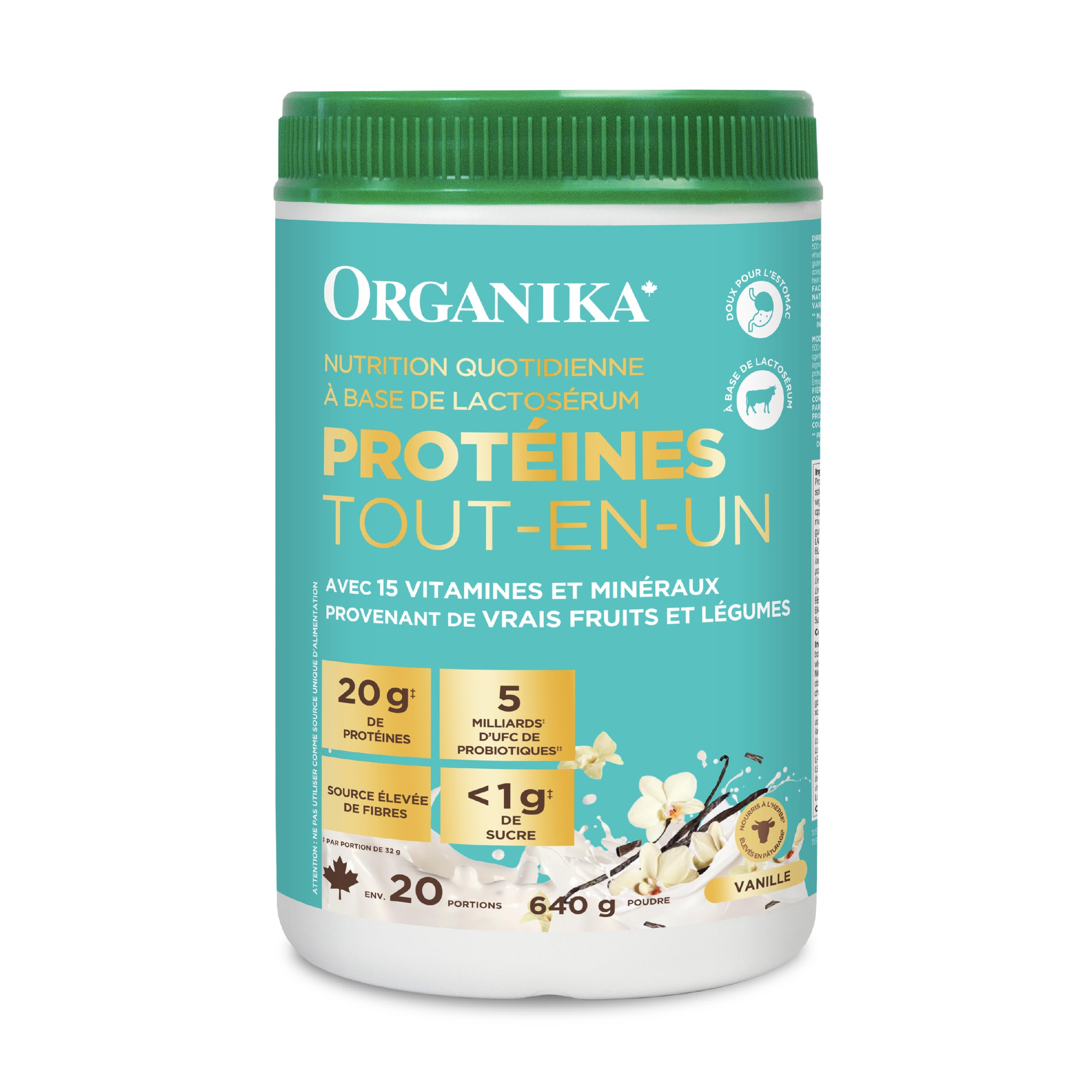 Organika All-in-One Vanilla Protein Powder with 20g Protein, 15 Vitamins & Minerals from Real Fruits & Veggies, 5 Billion CFU Probiotics, 4g Prebiotic Fiber, Digestive Enzymes, 1g Sugar - 640g
