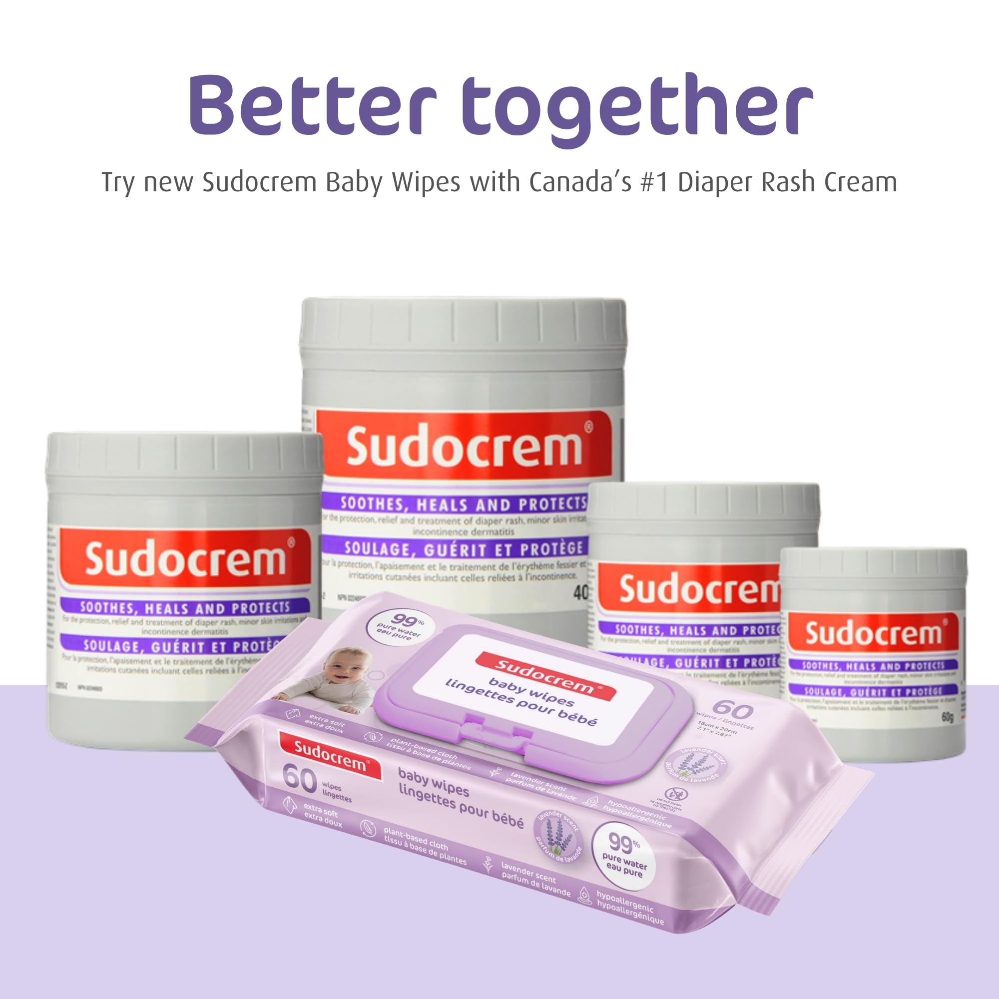 Sudocrem Pure Water Wipes 180 Count - Lavender Scent, Hypoallergenic, Plant-Based Baby Wipes, 99% Water - Extra Strong and Ultra Soft