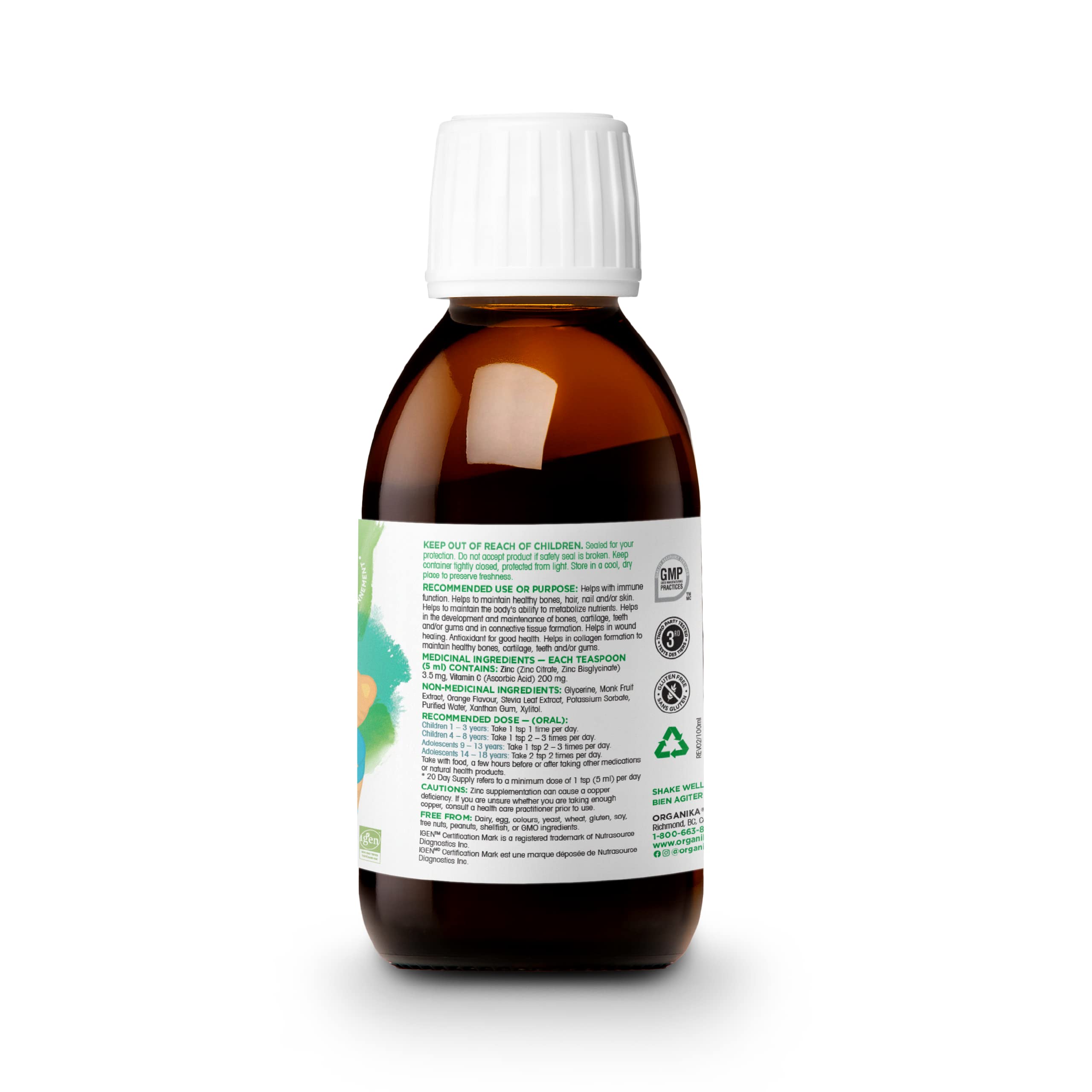 Organika Canadian-Made Kids Liquid Zinc with Vitamin C- Sweet Orange Flavour- Immune Function Support 100ml