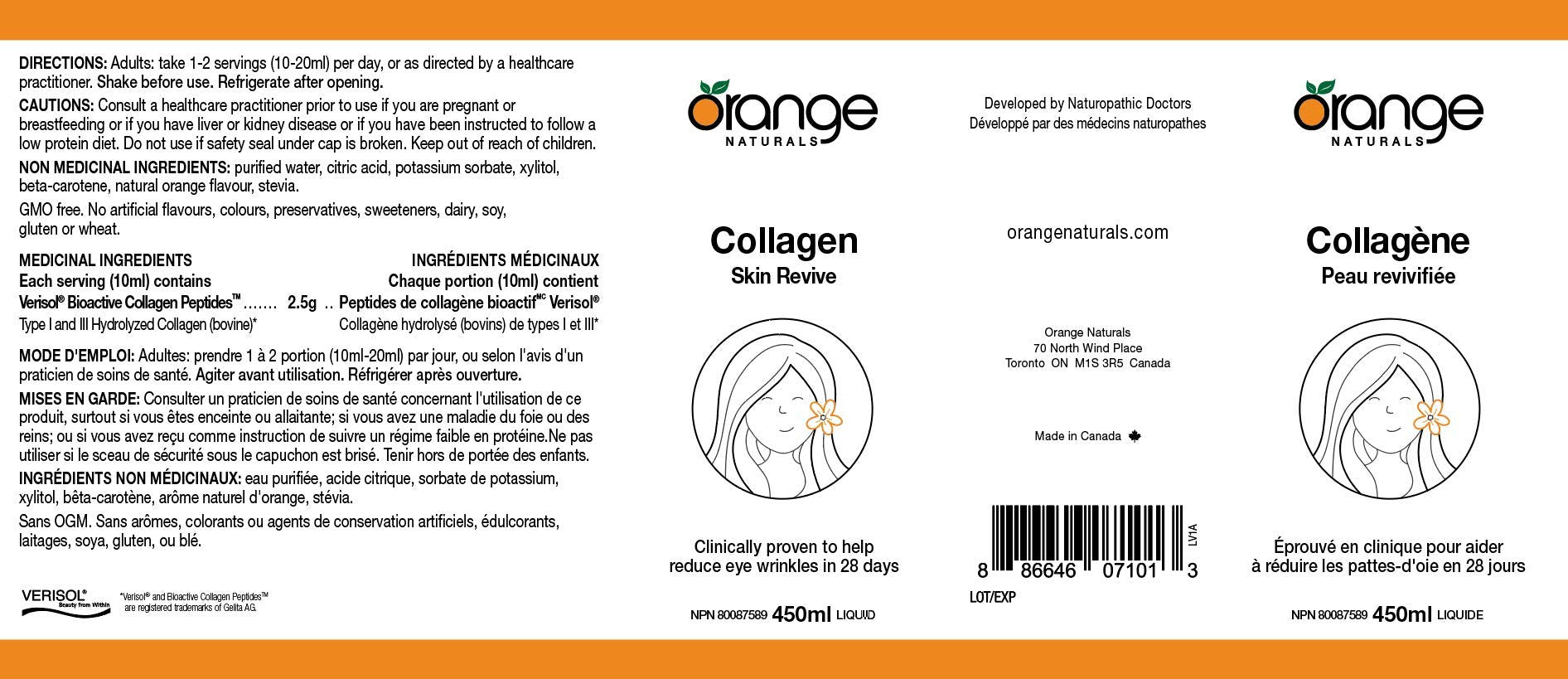 Orange Naturals Collagen Skin Revive Liquid Supplement 450ml 45-Servings - Hydrolyzed Collagen Peptide for Women, Support Smooth Skin, Radiant Complexion, Hair & Nail Strength, Orange Flavour