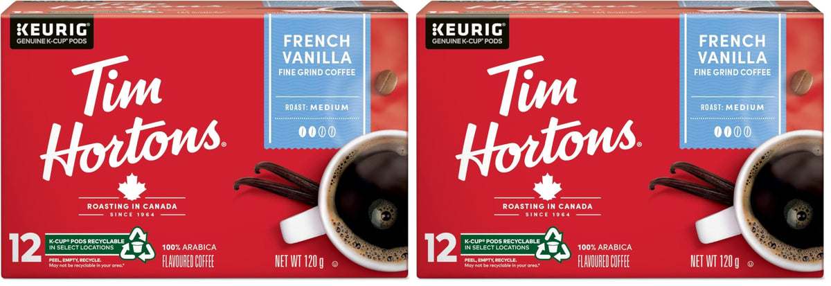 Tim Hortons French Vanilla Flavoured Coffee, RSingle Serve Keurig K-Cup Pods, Medium Roast, 12 Count (Pack of 2)