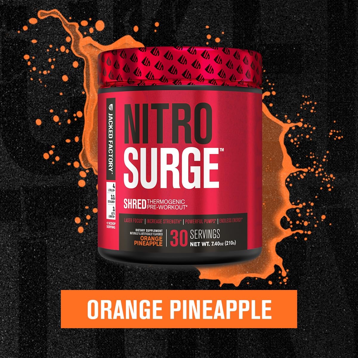 NITROSURGE Shred Thermogenic Pre Workout Supplement - Energy Booster, Instant Strength Gains, Sharp Focus, Powerful Pumps - Nitric Oxide Booster & PreWorkout Powder - 30Sv, Orange Pineapple