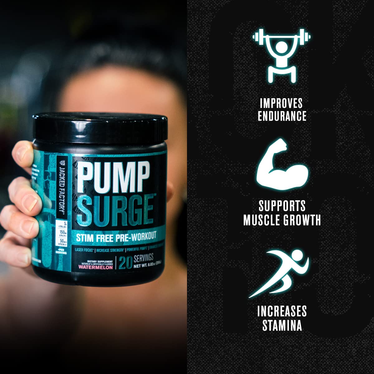 Pumpsurge Caffeine Free Preworkout for Men & Women - Stim Free Pre Workout Powder, Nitric Oxide Pump Pre Workout, & Nootropic Supplement - Intense Pumps, Laser Focus - 20 Servings, Strawberry Lemonade