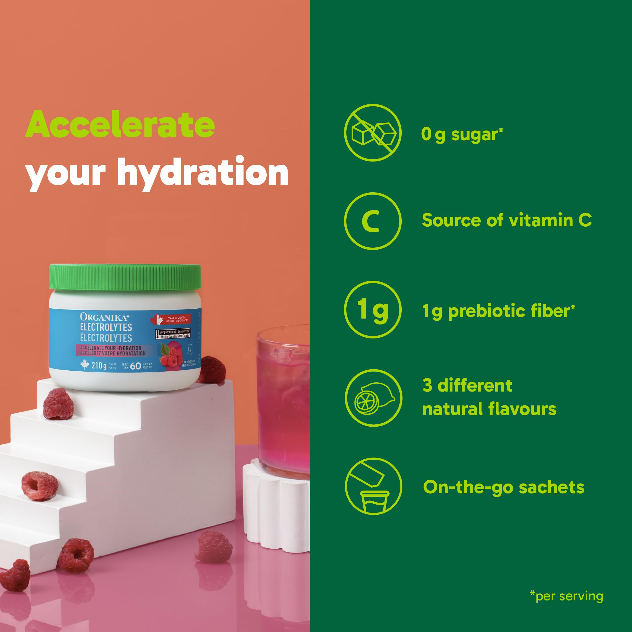 Organika Canadian-Made Electrolytes Powder with Vitamin C & Prebiotic Fibre - Sugar-Free Hydration Drink Mix - Wild Raspberry - 210 g - 60 servings