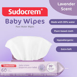 Sudocrem Pure Water Wipes 180 Count - Lavender Scent, Hypoallergenic, Plant-Based Baby Wipes, 99% Water - Extra Strong and Ultra Soft