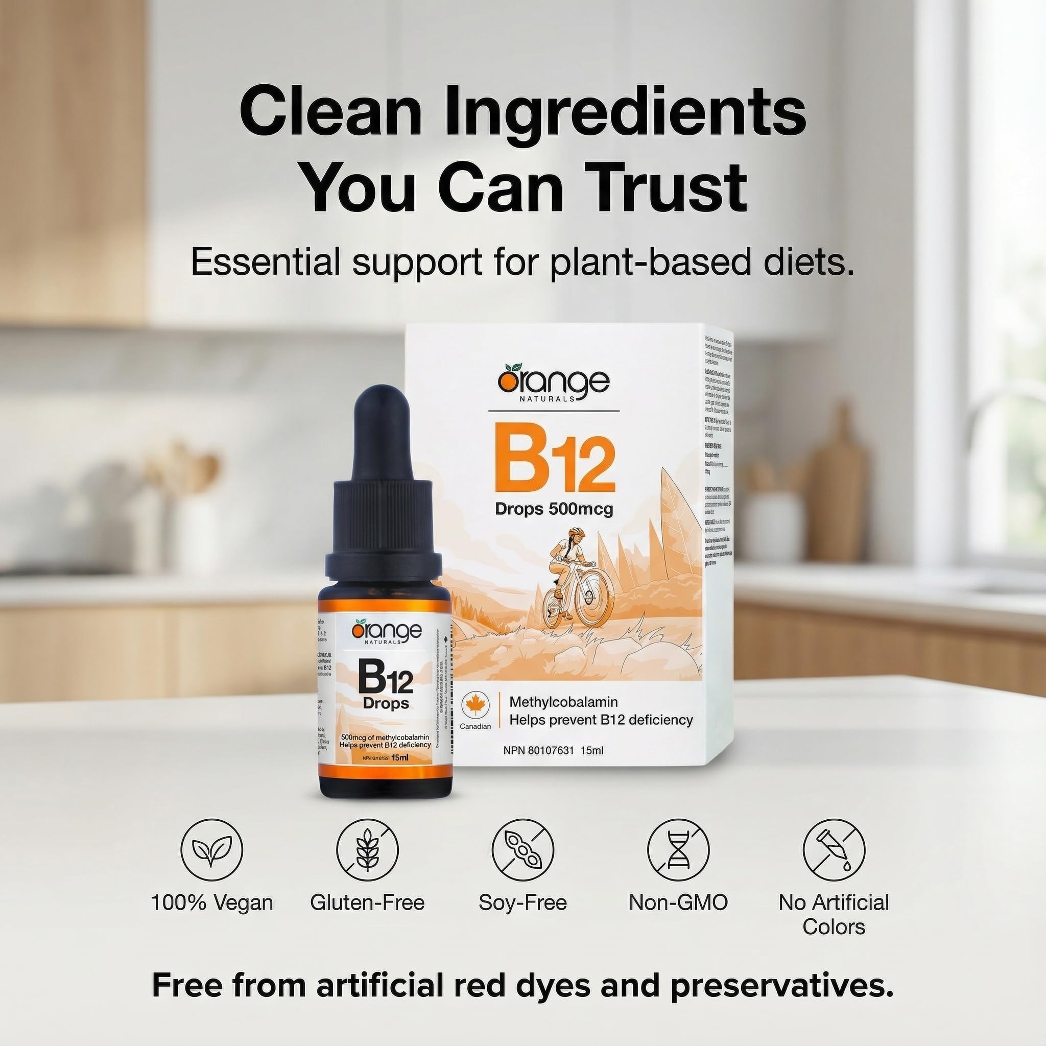 Orange Naturals Vitamin B-12 Liquid Drops, 15 ml, 300-Day Supply, Methylcobalamin 500mcg – Tasty Blueberry Flavor, Promotes Daily Vitality and Wellness – Vegan, Non-GMO, Made in Canada, Easy-to-Use