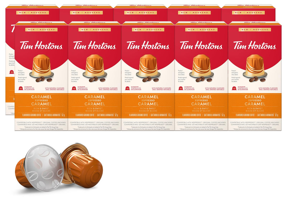 Tim Hortons Caramel Espresso Capsules, Nespresso Original Line Compatible Capsules, 100 Count