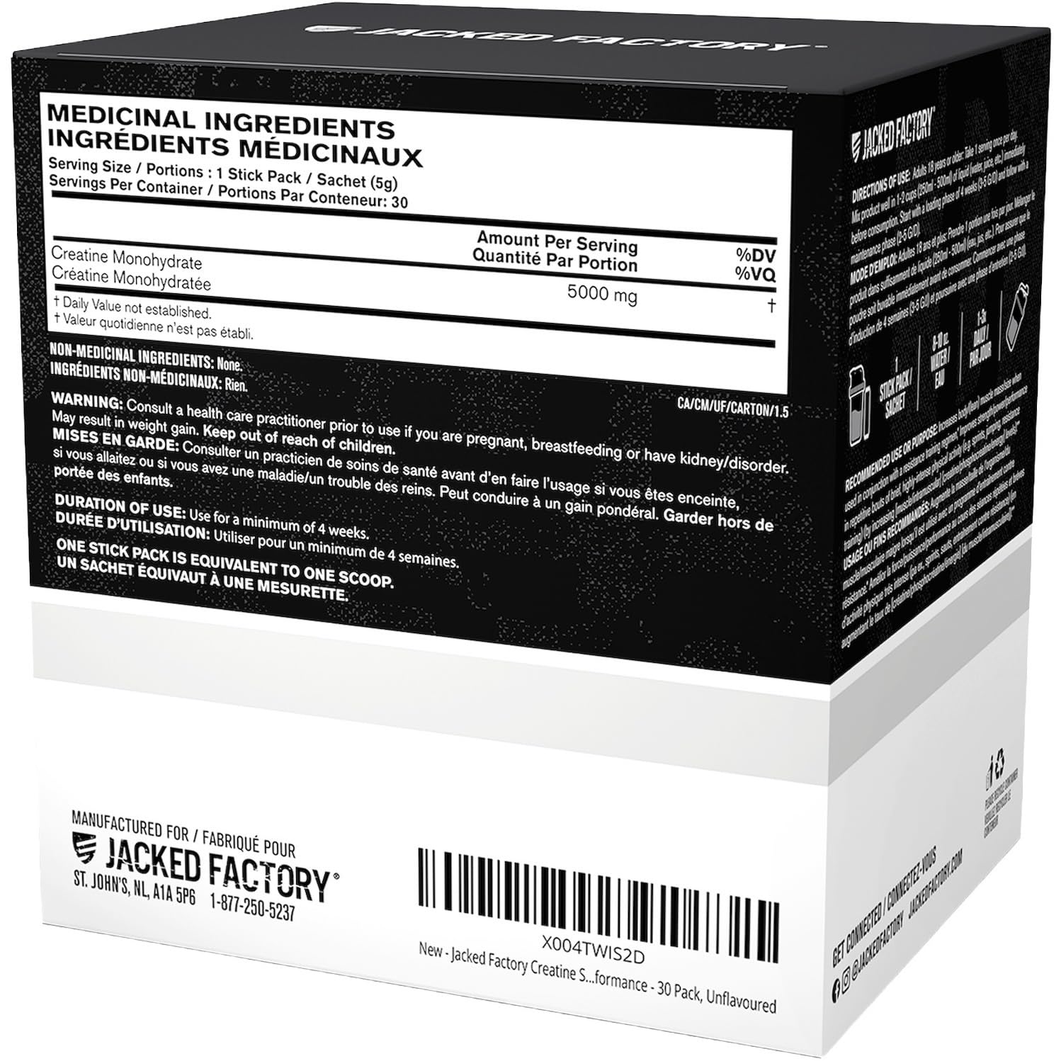 Jacked Factory Creatine Stick Packs - Creatine Monohydrate Powder 5000mg Per Stick - Creatine Supplement for Muscle Growth, Increased Strength, and Improved Athletic Performance - 30 Pack, Unflavoured