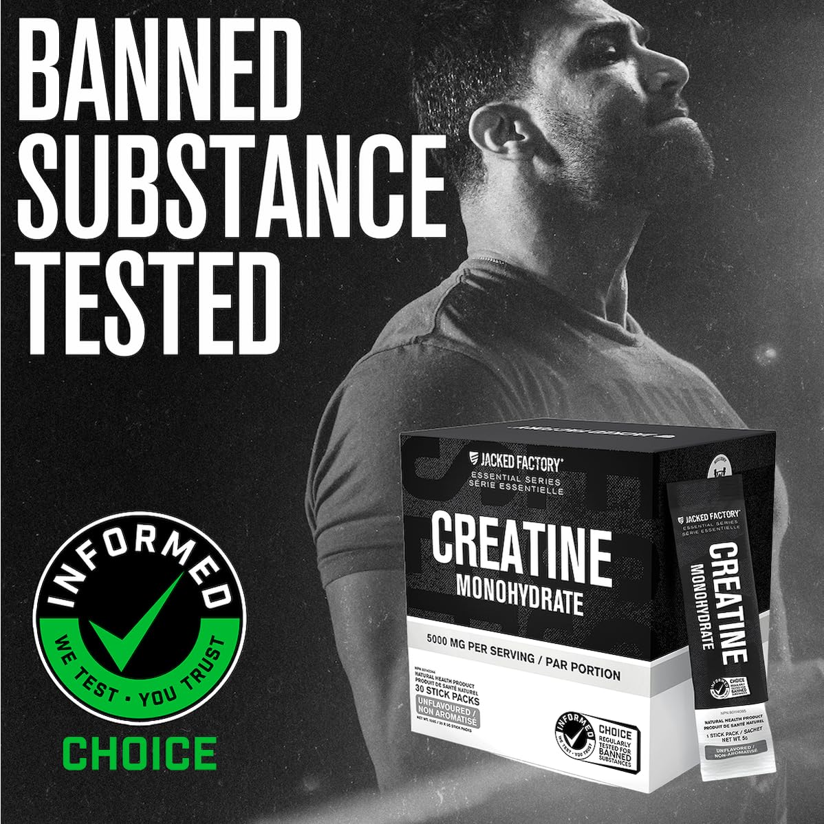 Jacked Factory Creatine Stick Packs - Creatine Monohydrate Powder 5000mg Per Stick - Creatine Supplement for Muscle Growth, Increased Strength, and Improved Athletic Performance - 30 Pack, Unflavoured
