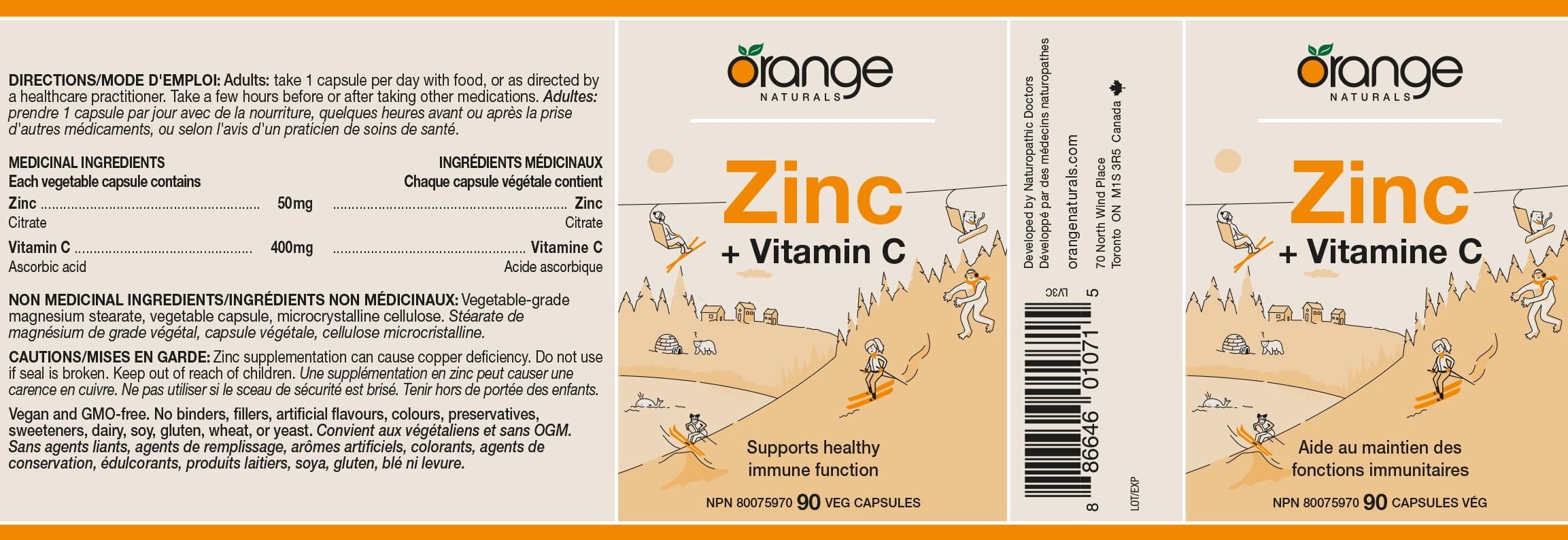 Orange Naturals Zinc + Vitamin C, 90 Veg Capsules, 90-Day Supply, With 50mg Zinc & 400mg Vitamin C, Support Overall Wellness & Skin Vitality, No Gluten or GMO, Easy-to-Swallow, Antioxidant Protection