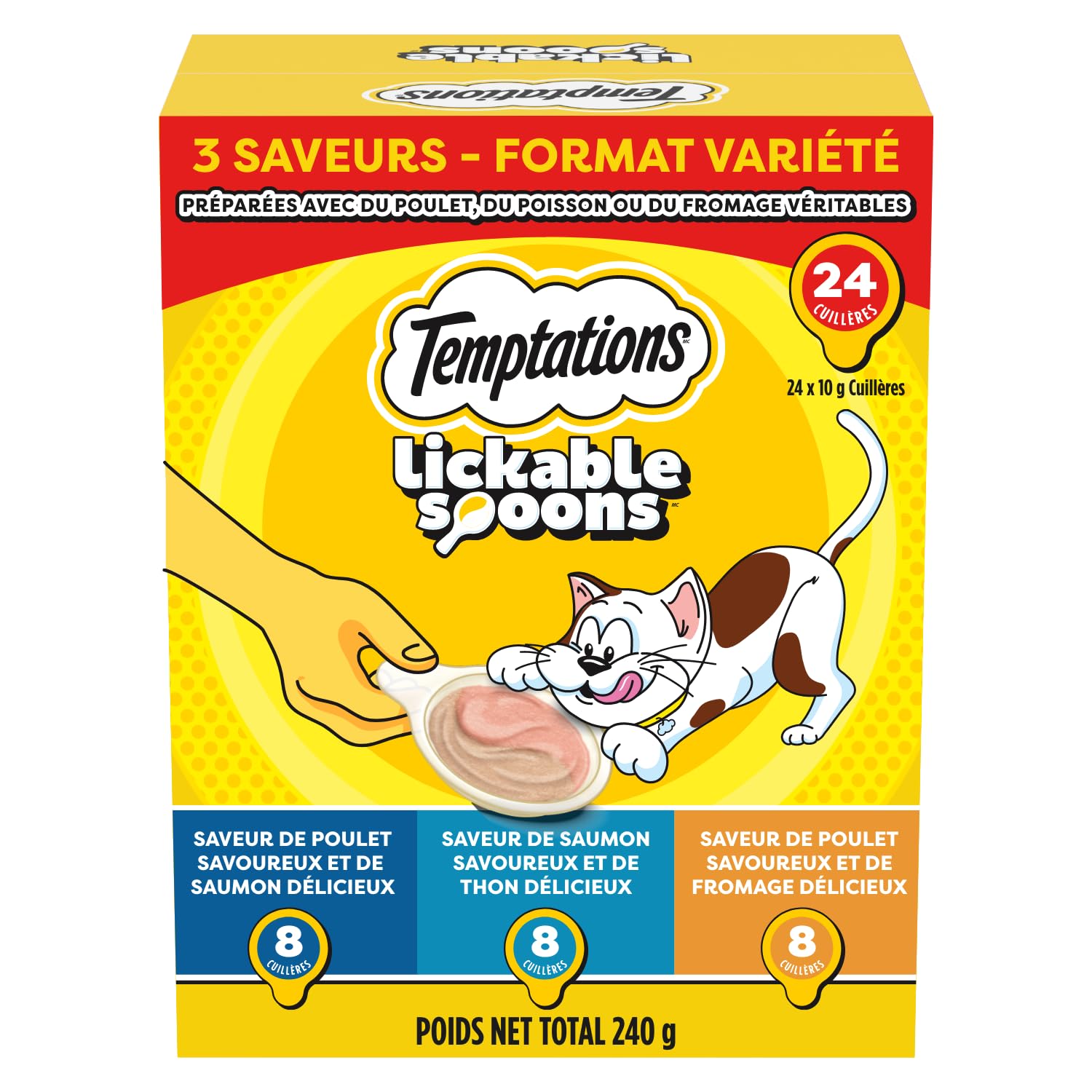 Temptations Lickable Spoons Adult Cat Treats Chicken & Salmon, Salmon & Tuna, Chicken & Cheese Flavours Variety Pack, (24) 10g Spoons (Pack of 2)