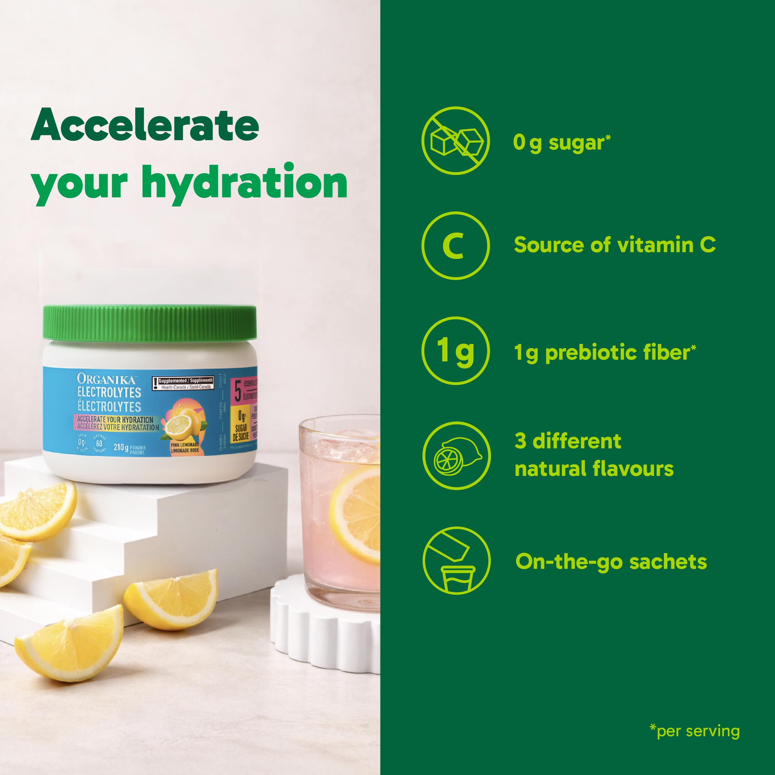 Organika Canadian-Made Electrolytes Powder with Vitamin C & Prebiotic Fibre - Sugar-Free Hydration Drink Mix - Pink Lemonade - 210 g - 60 servings