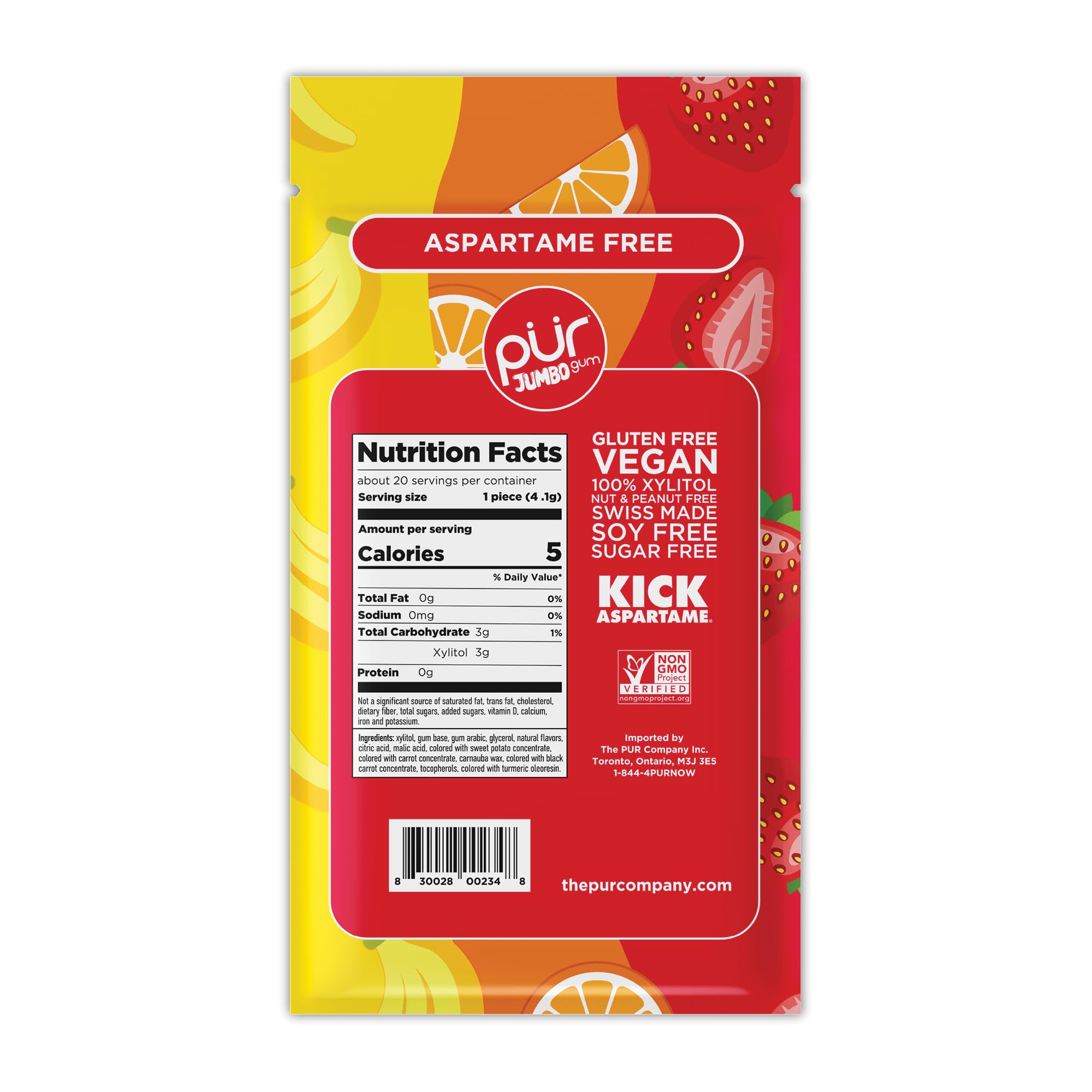 PUR Jumbo Gum | Aspartame Free Chewing Gum | 100% Xylitol | Natural Strawberry, Banana, Orange Flavour, 20 Pieces (Pack of 3)