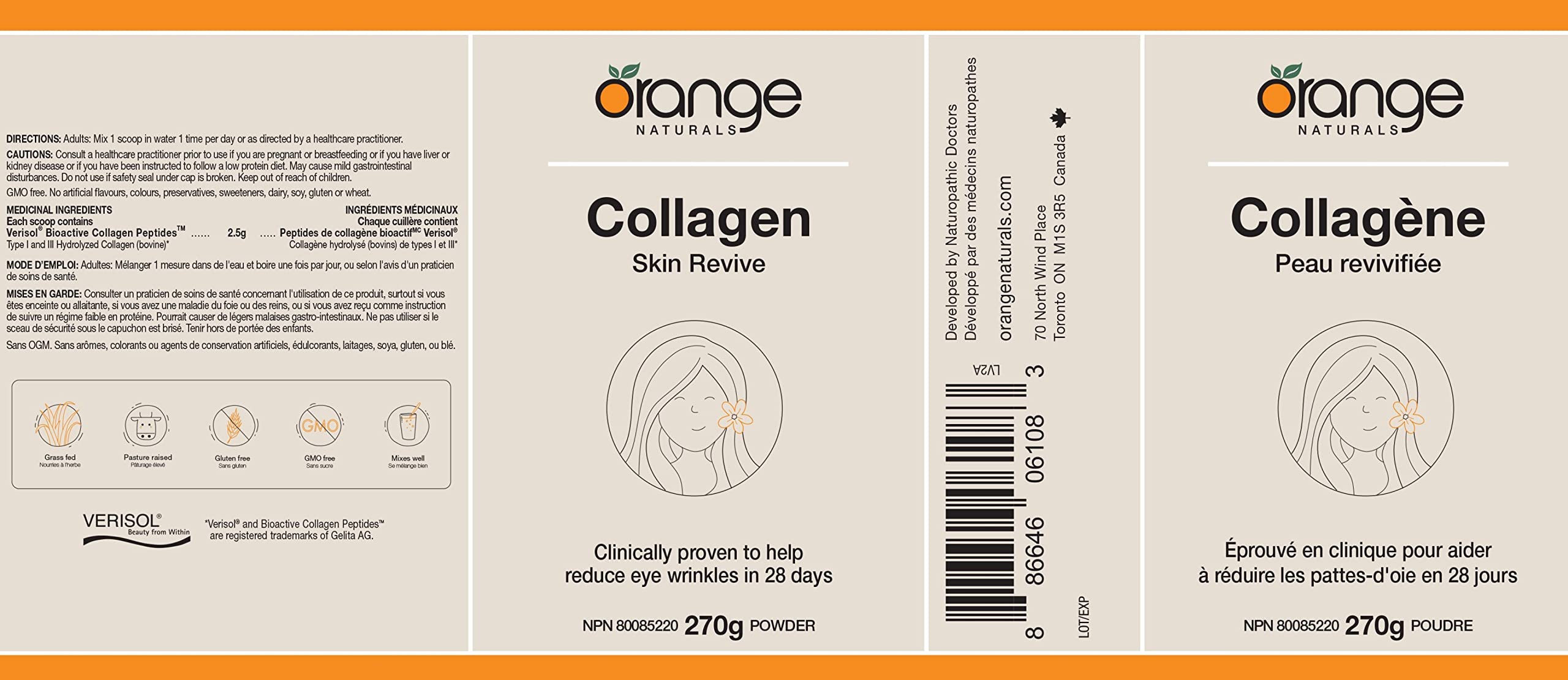 Orange Naturals - Collagen Skin Revive - 270g Powder Supplement for Women - Helps Reduce Eye Wrinkles, Fine Lines, Antiaging and Improve Nail Growth - Bioactive Peptides Hydrolyzed - Enhanced Non GMO