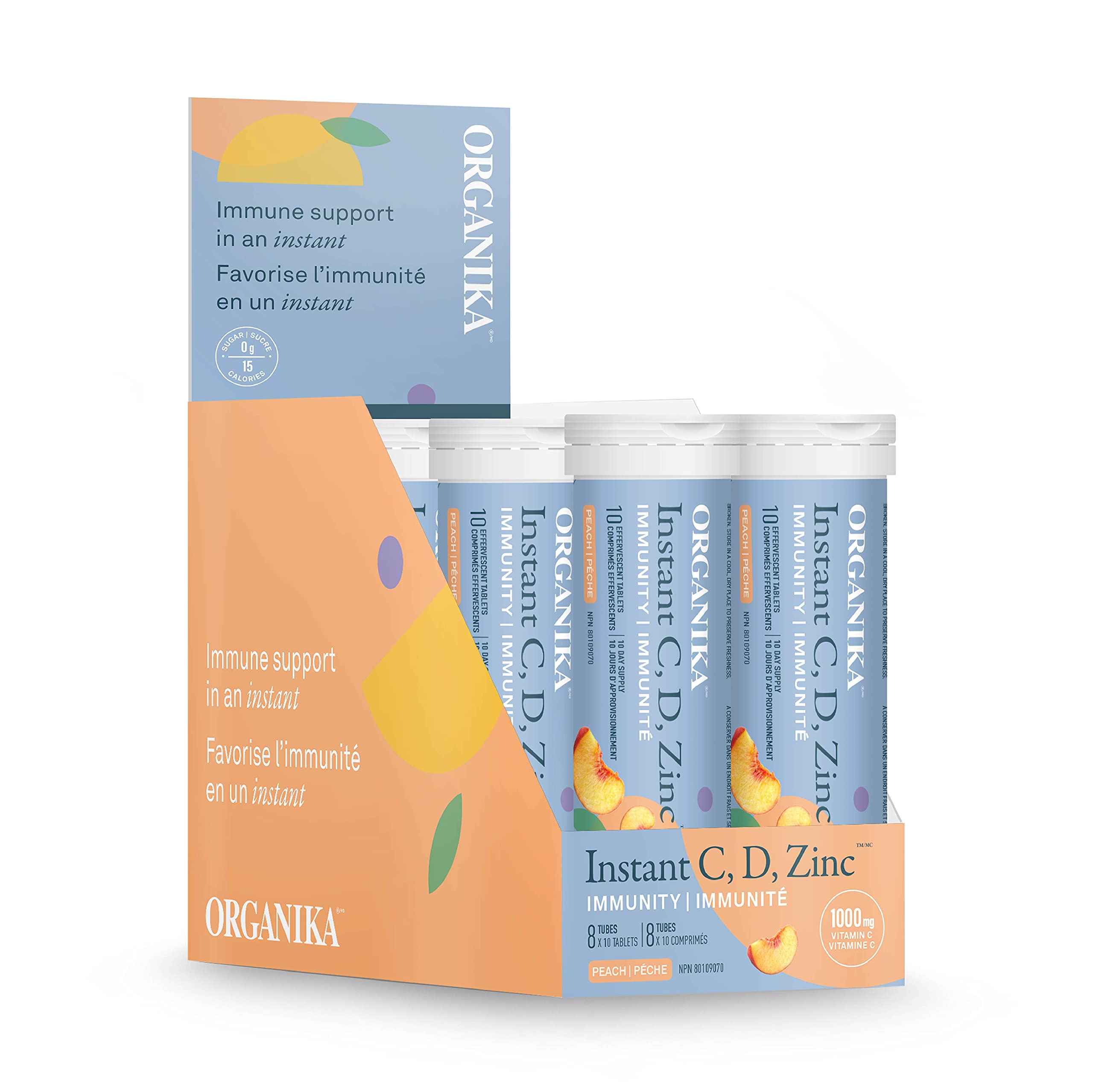 Organika Instant C, D, Zinc Effervescent Tablets - Peach Flavour- Immune Support- Single Tube x 10 Tablets