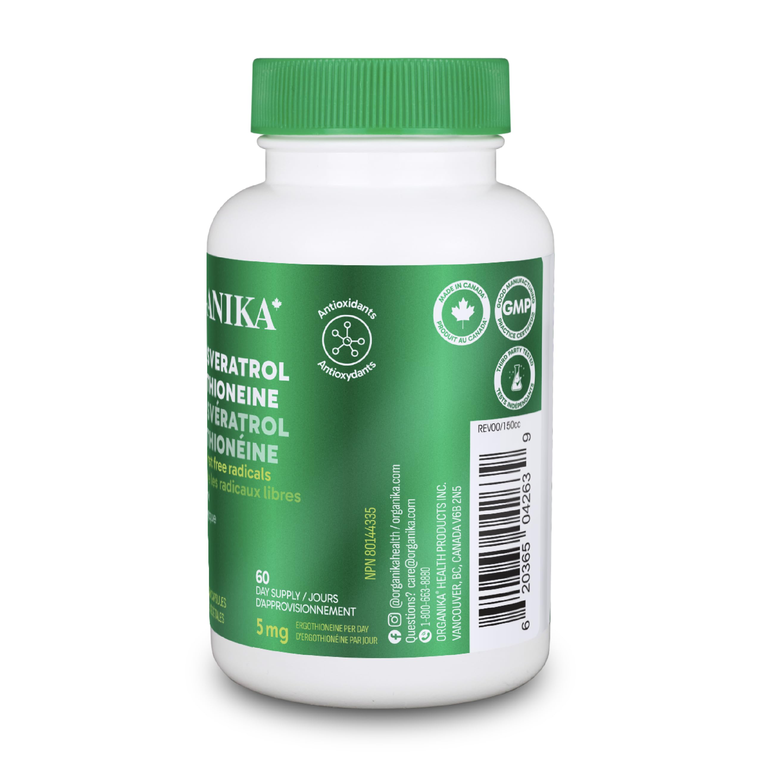 Organika Canadian-Made ALA + Resveratrol + Ergothioneine | Triple Antioxidant Formula | Cellular & Mitochondrial Support | Highly Bioavailable ALA | Vegetarian | 60 Capsules