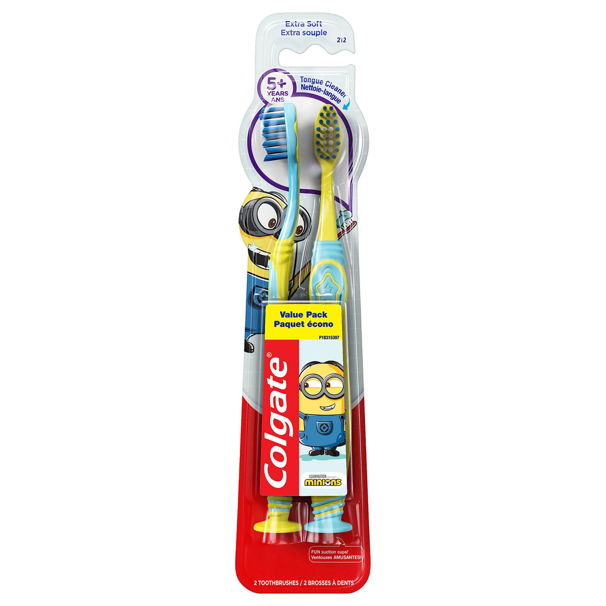 Colgate Kids Toothbrush with Extra Soft Bristles, Cheek and Tongue Scraper, Minions Design, Suction Cup Base - Gentle for Children, Kids Toothbrush for Oral Care (2 Pack)