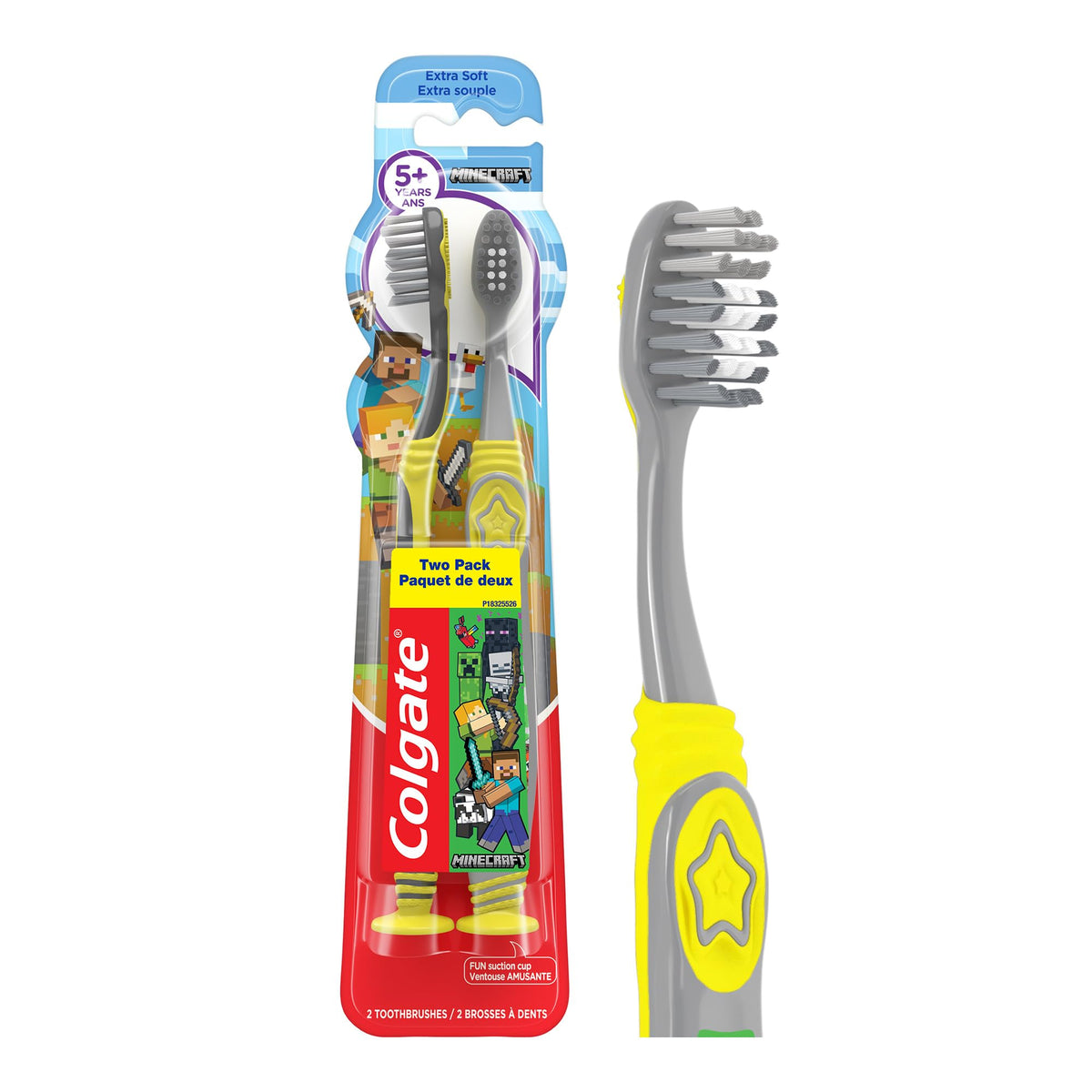 Colgate Kids Full Size Toothbrush (2 Pack) with Extra Soft Bristles, Cheek and Tongue Scraper, Minecraft Design, Suction Cup Base - Gentle for Children, Kids Toothbrush for Oral Care