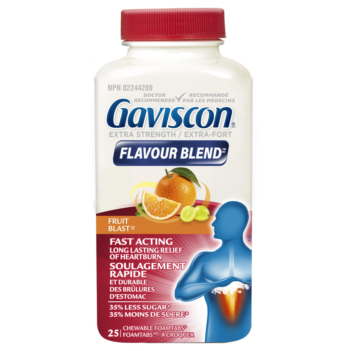 Gaviscon Extra Strength Tablets - Less Sugar, Fruit Blast, 25-Count - Chewable Foaming Antacid Tablets for Day and Night Heartburn Relief, Acid Reflux & GERD - Free from Aluminum, Lactose and Gluten