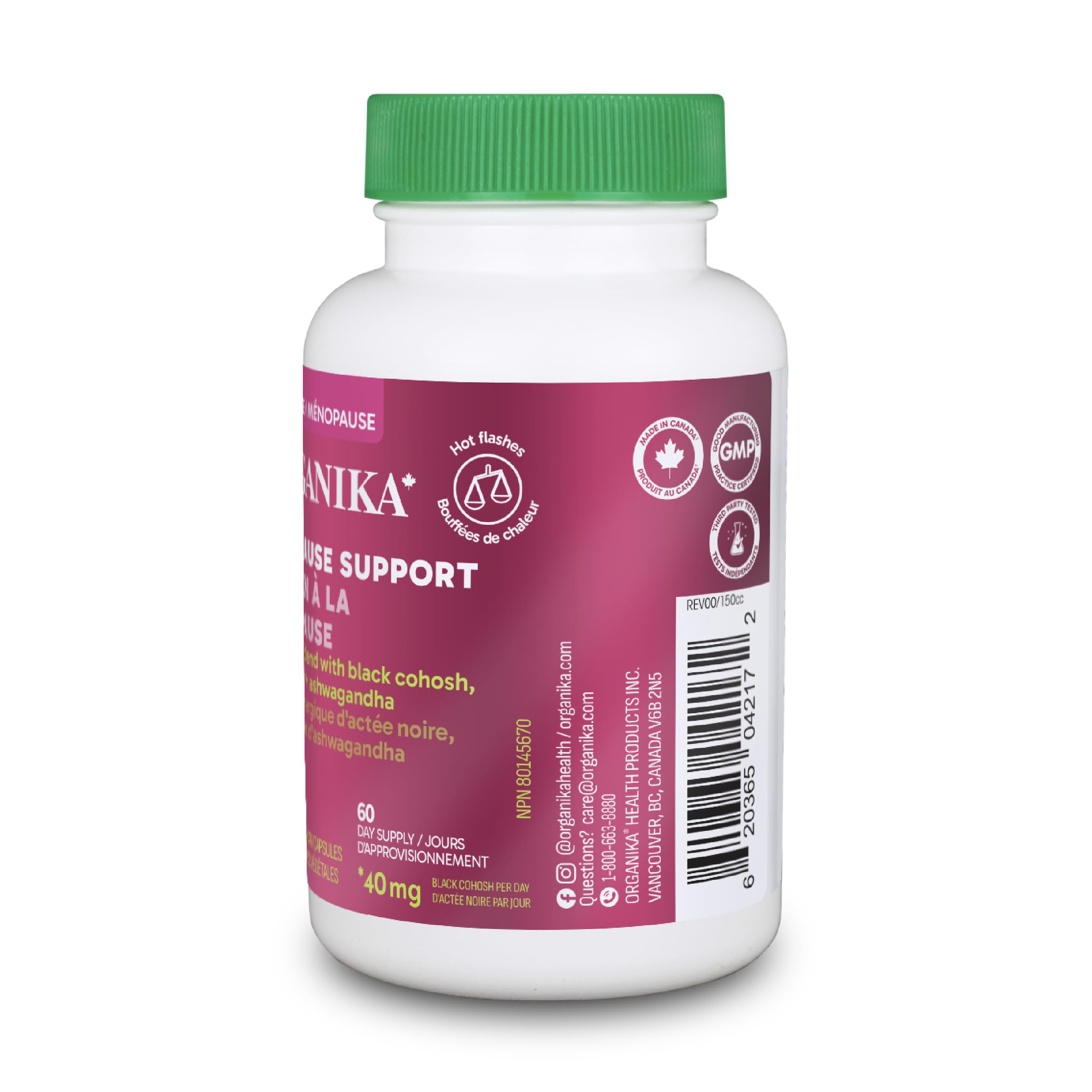Organika Menopause Support Supplement for Women | Multi-Symptom Relief | Black Cohosh, Chasteberry & Ashwagandha | Hormone-Free | Proudly Canadian | 60 Vegetarian Capsules