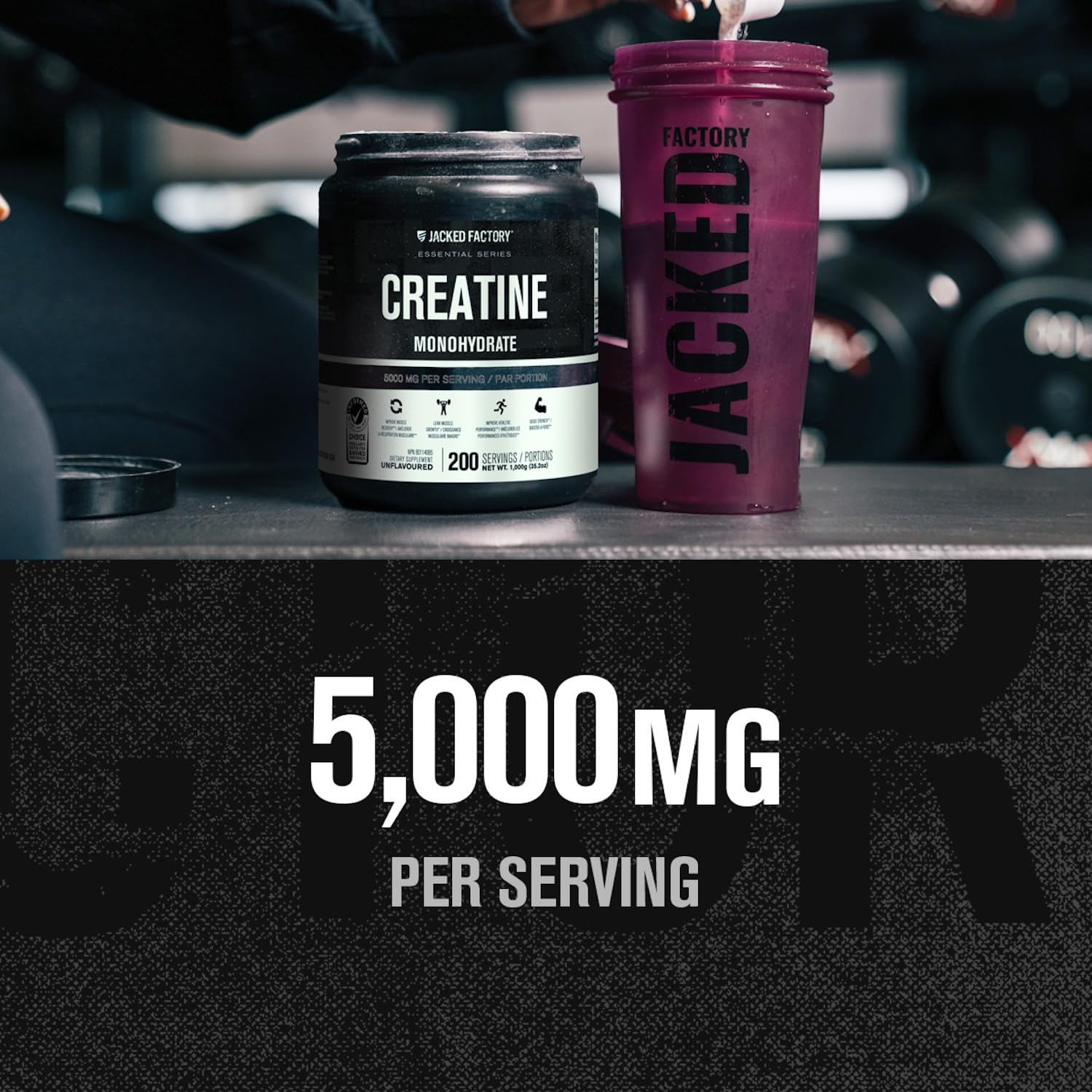 Jacked Factory Creatine Monohydrate Powder 1000g - Canadian-Owned Informed Choice Certified Supplement for Increased Muscle Mass*, Improved Strength, Power, & Performance** - 200 Servings, Unflavored