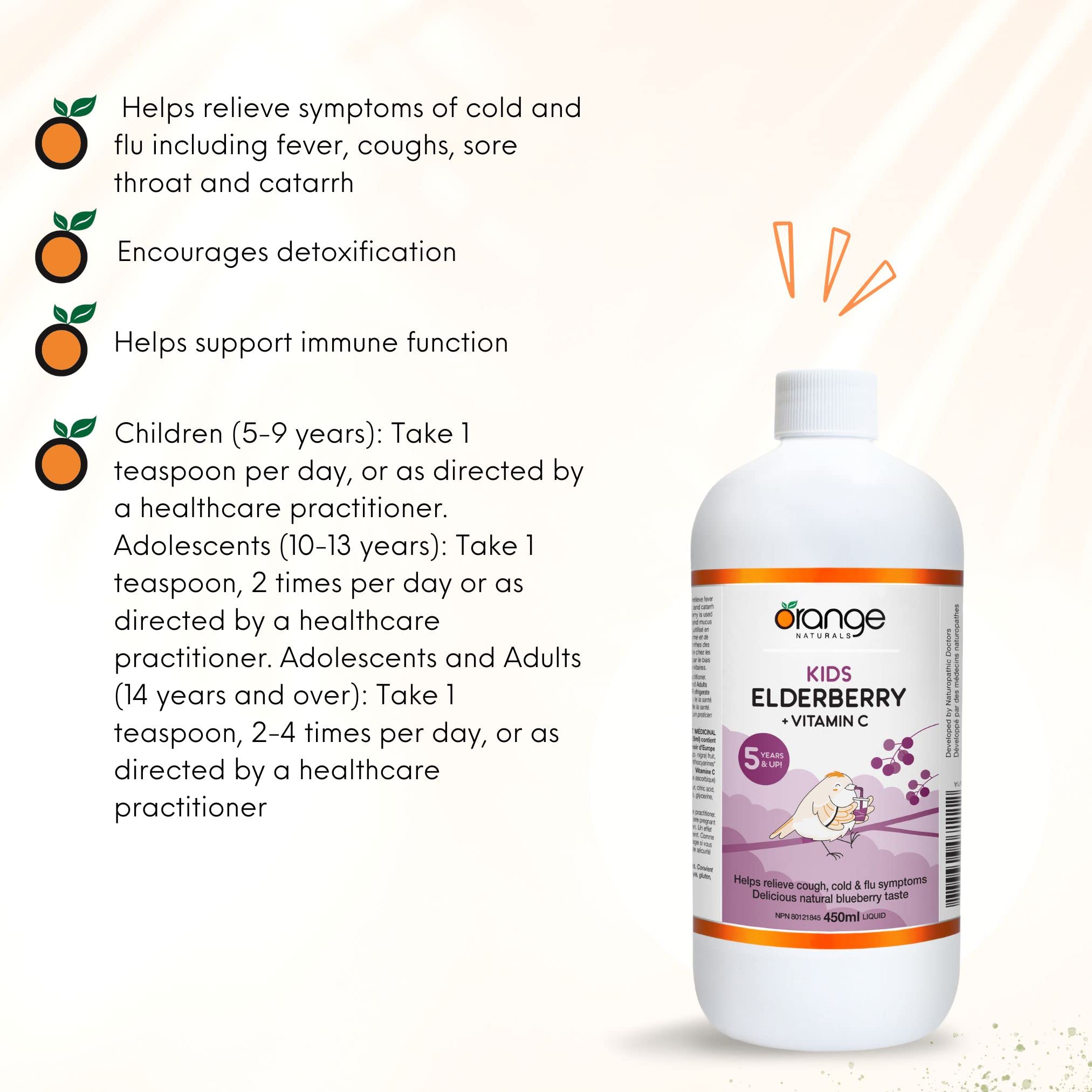 Orange Naturals Kids Elderberry + Vitamin C Syrup 450ml 90-Servings - Blueberry Taste, Organic Kids Vitamin, Support Antioxidant Defense, Comfort During Seasonal Changes, Aids During Cold & Flu Season