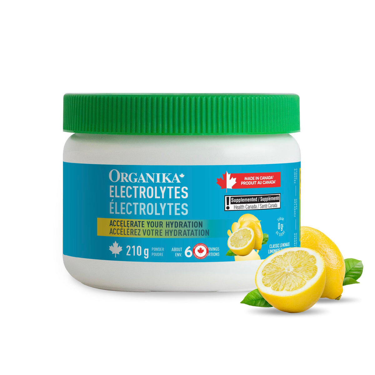 Organika Canadian-Made Electrolytes Powder with Vitamin C & Prebiotic Fibre - Sugar-Free Hydration Drink Mix - Classic Lemonade - 210 g - 60 servings