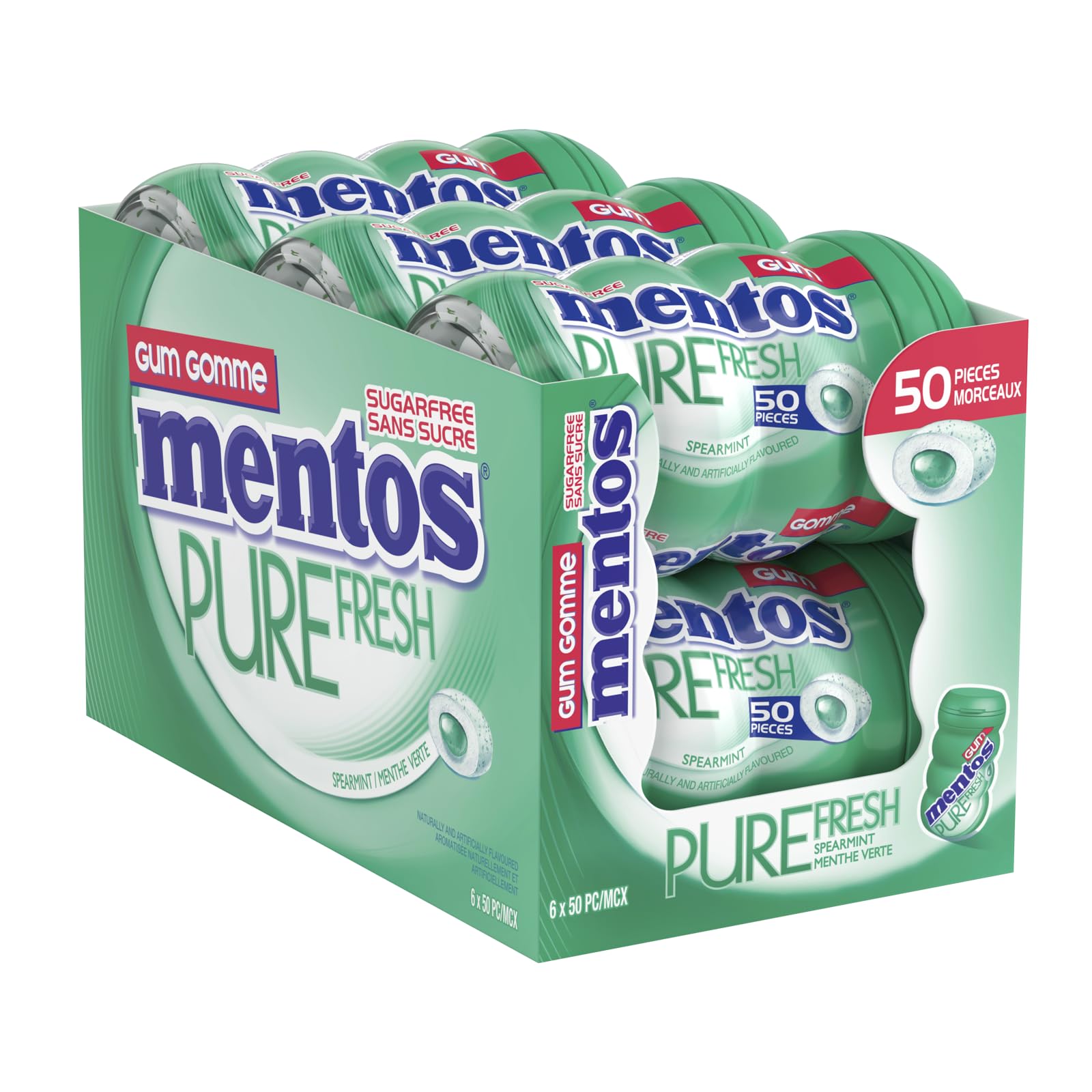 Mentos Pure Fresh, Spearmint Sugar-free Gum - Pack of 6 Bottles (300 Pieces)