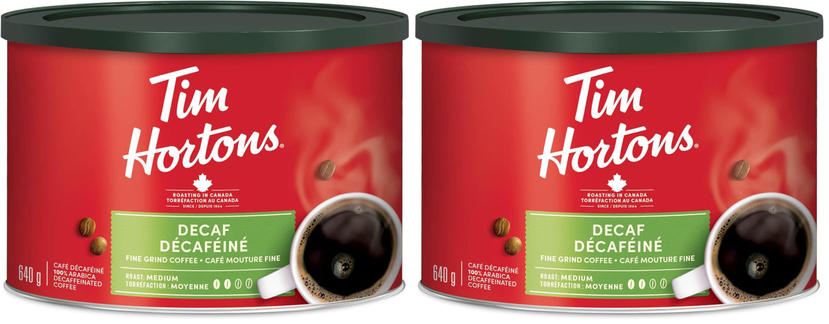 Tim Hortons Decaf, Fine Grind Coffee, Medium Roast, 640g Can (Pack of 2)