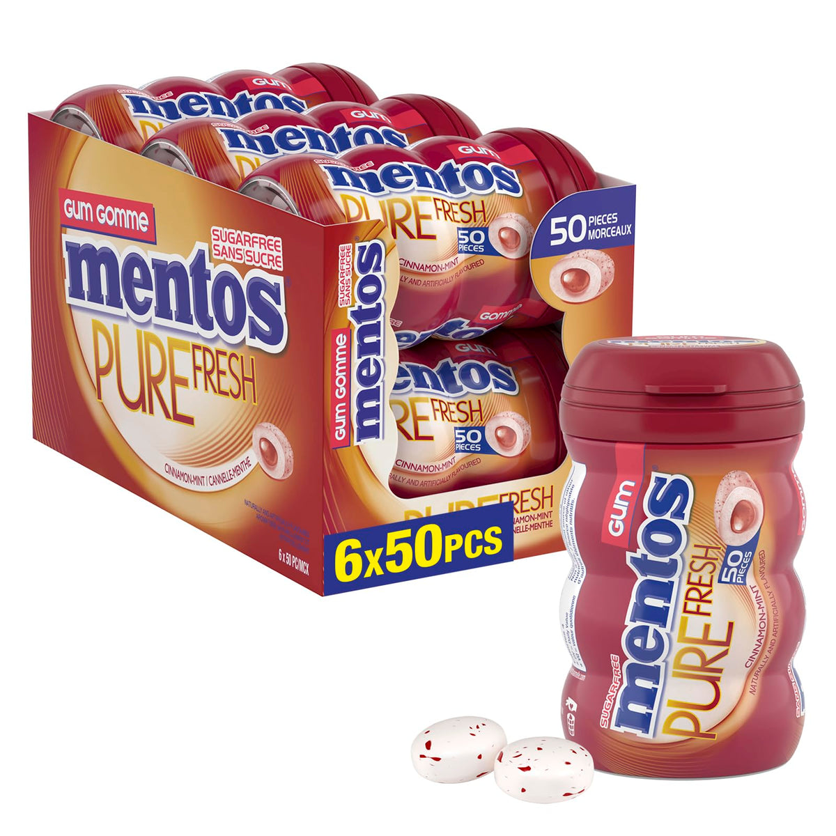 Mentos Pure Fresh, Cinnamon Sugar-free Gum - Pack of 6 Bottles (300 Pieces)