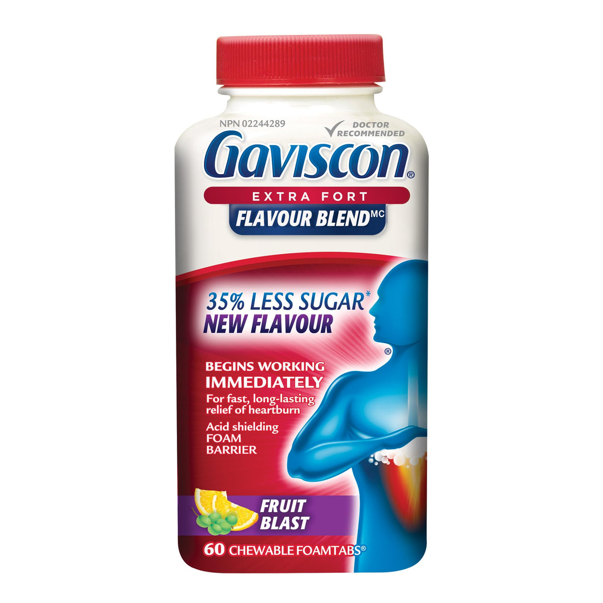 Gaviscon Extra Strength Flavour Burst Tablets - 60 Count - Chewable Foaming Antacid Tablets for Day and Night Heartburn Relief, Acid Reflux and GERD Relief, Fruit Blast - Free of Aluminum, Lactose and Gluten