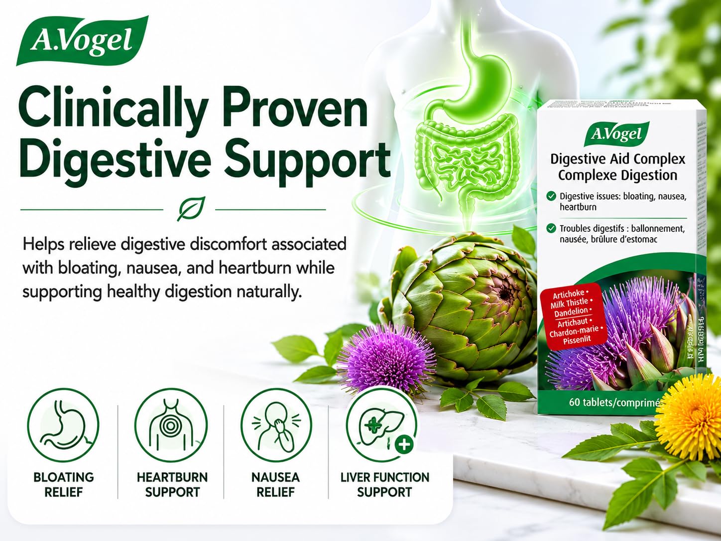 A.Vogel Digestive Aid Complex - Nausea, Heartburn and Bloating relief - Powerful combination of Artichoke, Milk thistle, Boldo and Dandelion - 60 Tabs