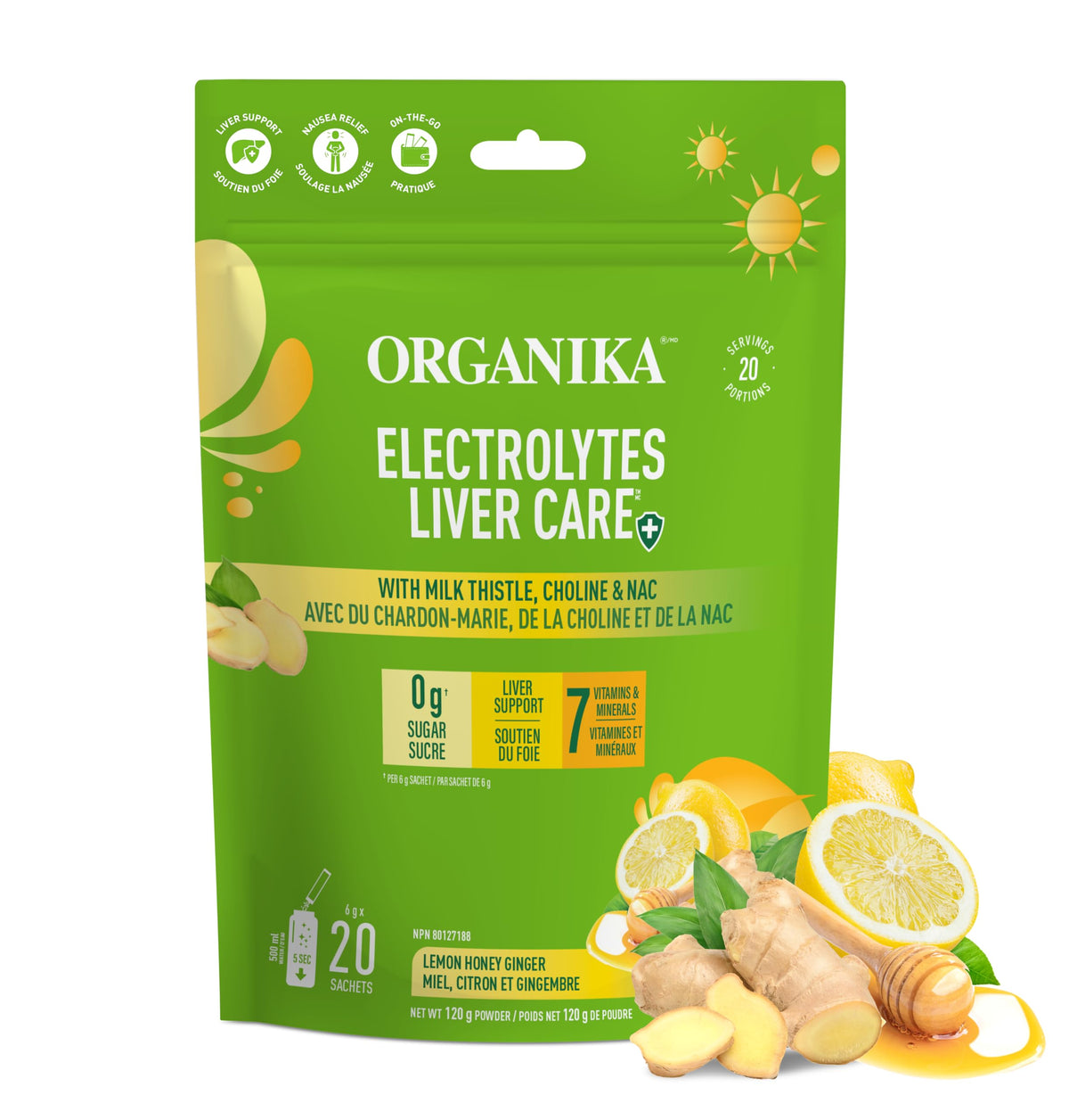 Organika Canadian-Made Electrolytes Liver Care with Milk Thistle, Choline, and NAC - Lemon Honey Ginger Flavour - Liver Support + Protection, Electrolyte Balance, Immune Support, Sugar-Free 6g x 20ct