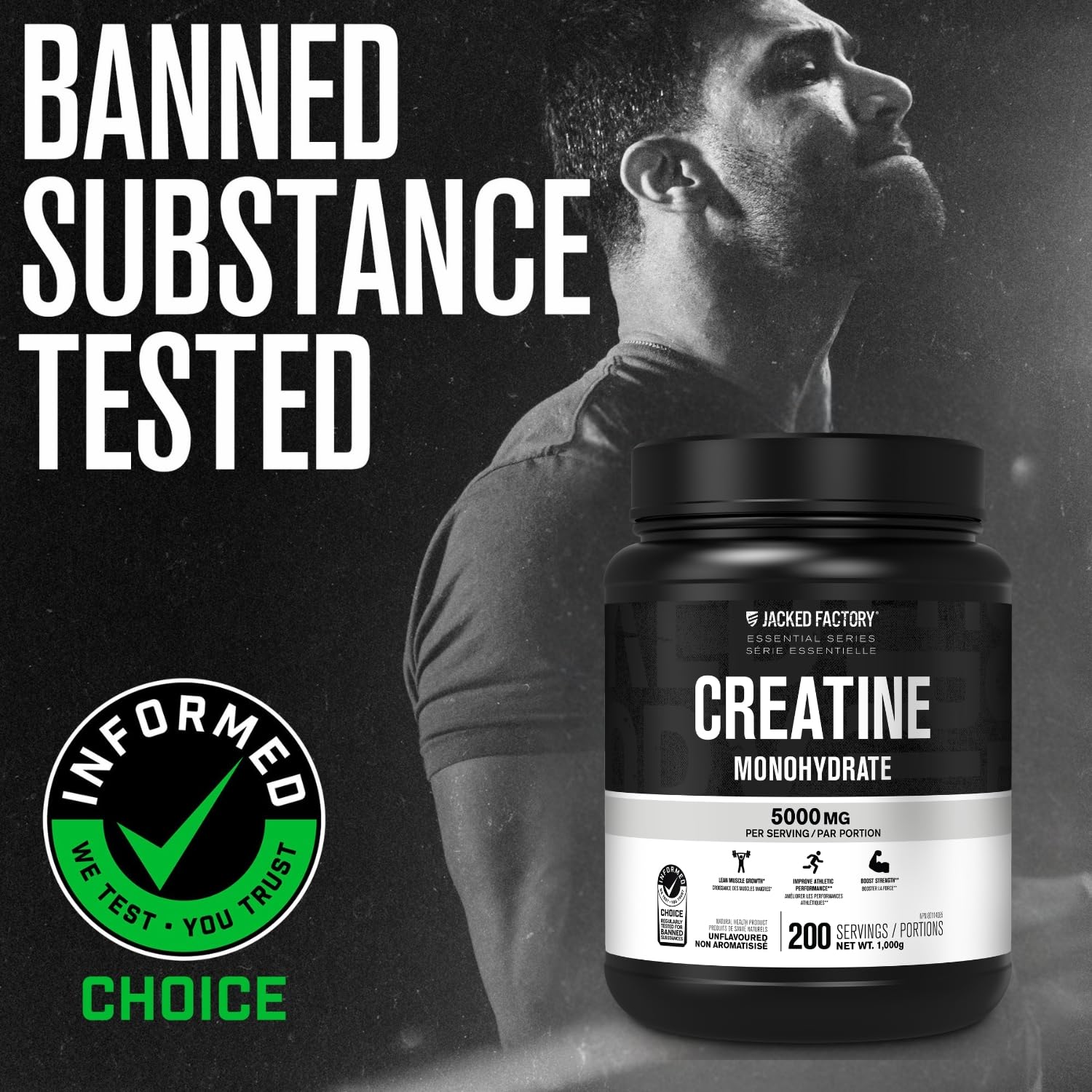 Jacked Factory Creatine Monohydrate Powder 1000g - Canadian-Owned Informed Choice Certified Supplement for Increased Muscle Mass*, Improved Strength, Power, & Performance** - 200 Servings, Unflavored