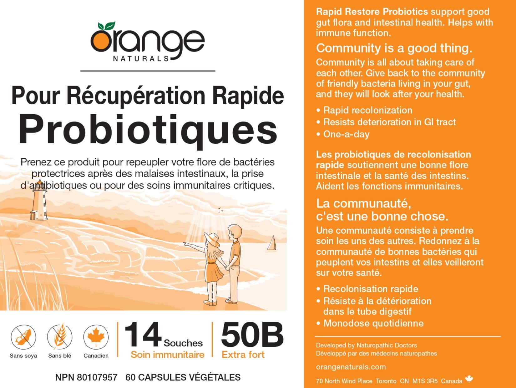 Orange Naturals Rapid Restore Probiotic 50 Billion CFU, 60 Veg Caps 60-Day Supply - 14 Strains, Lactobacillus Rhamnosus & Bifidobacterium Longum, Supports for Digestion, Gut Flora & Overall Wellness
